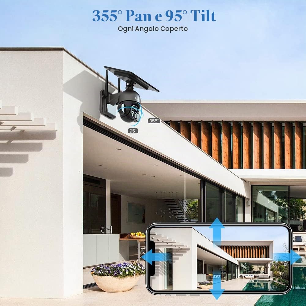 Ctronics 360° PTZ Telecamera Wi-fi Esterno con Pannello Solare, 2.5K 4MP | Videocamera sorveglianza con Batteria 100% Senza Fili, Faretto Visione Notturna, Rilevamento PIR, Audio a 2 Vie, IP66