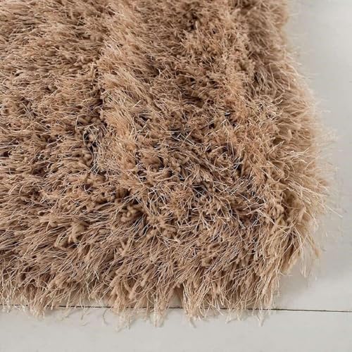 Image of Large Beige Microfiber Shag Rug 4x4 Feet Square with Heavy Thick Pile, Anti Slip Layer and Handcrafted Finish for Enhancing Living Room, Bedroom and Hall Interiors