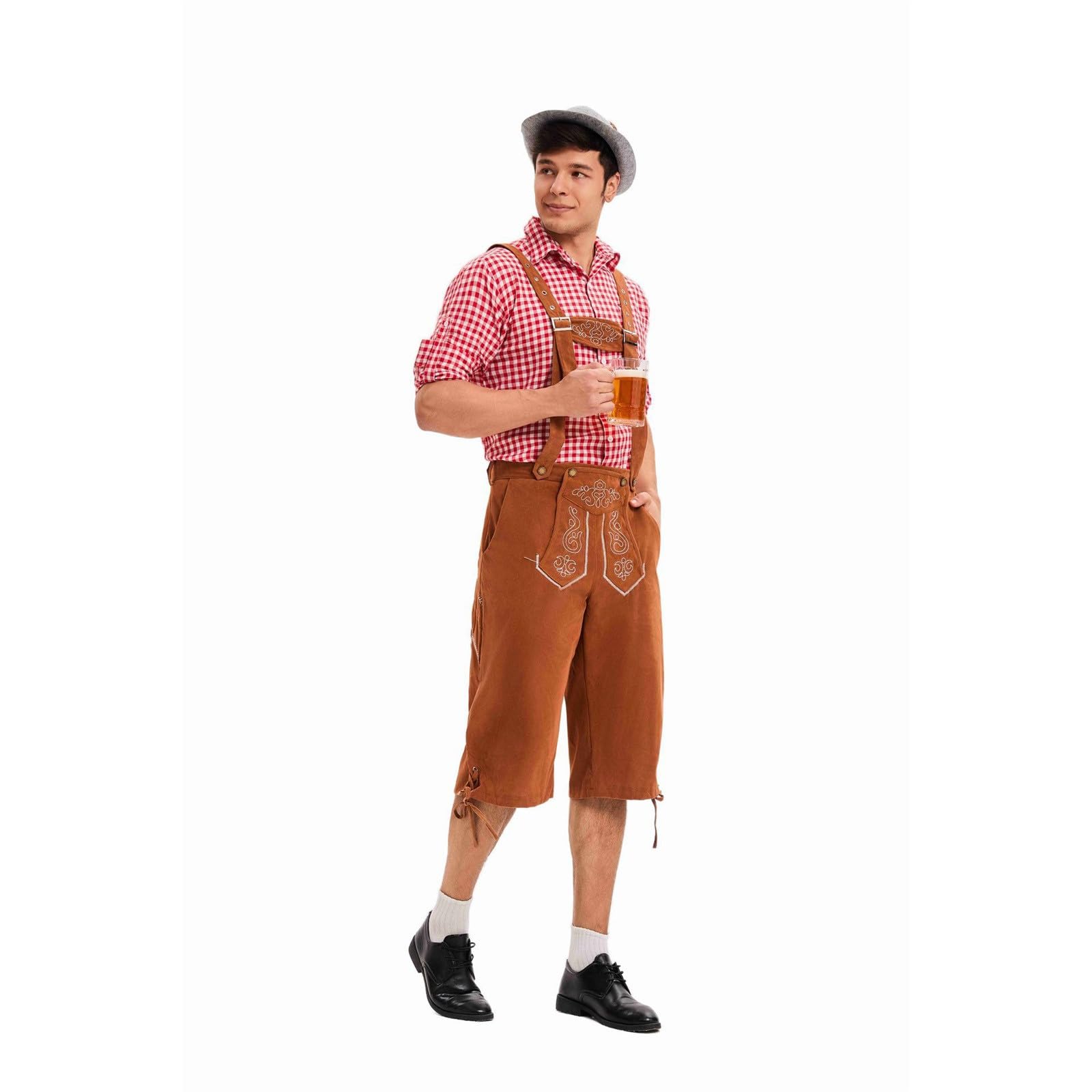 Lederhose Herren Set, Lederhosen Tracht Herren Trachtentrachtenlederhosen Kurz Trachtenhose Vintage Trachtenlederhose Oktoberfest Outfit Men Hose + Hemd + Mütze