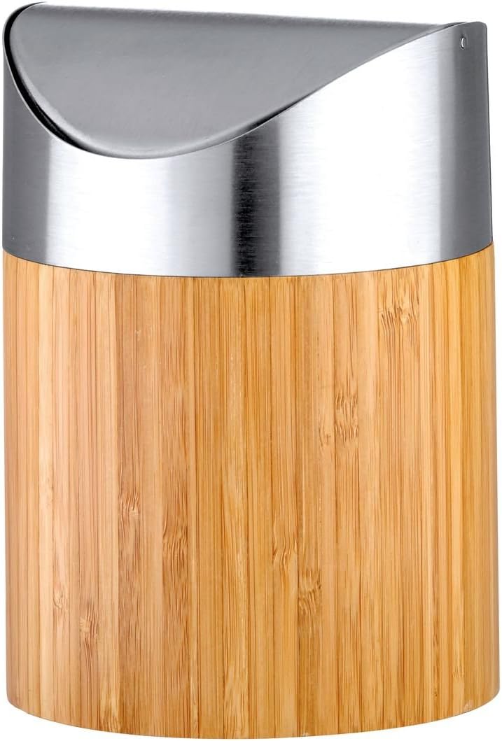 axentia Bonja Cosmetic Bin Made of Bamboo and Stainless Steel Matt Brushed Swing Lid Bin Small Cosmetics Mini Bin with Insert Bathroom Waste Bin 0.8 Litres Silver/Wood Colour 12 x 12 x 16.5 cm