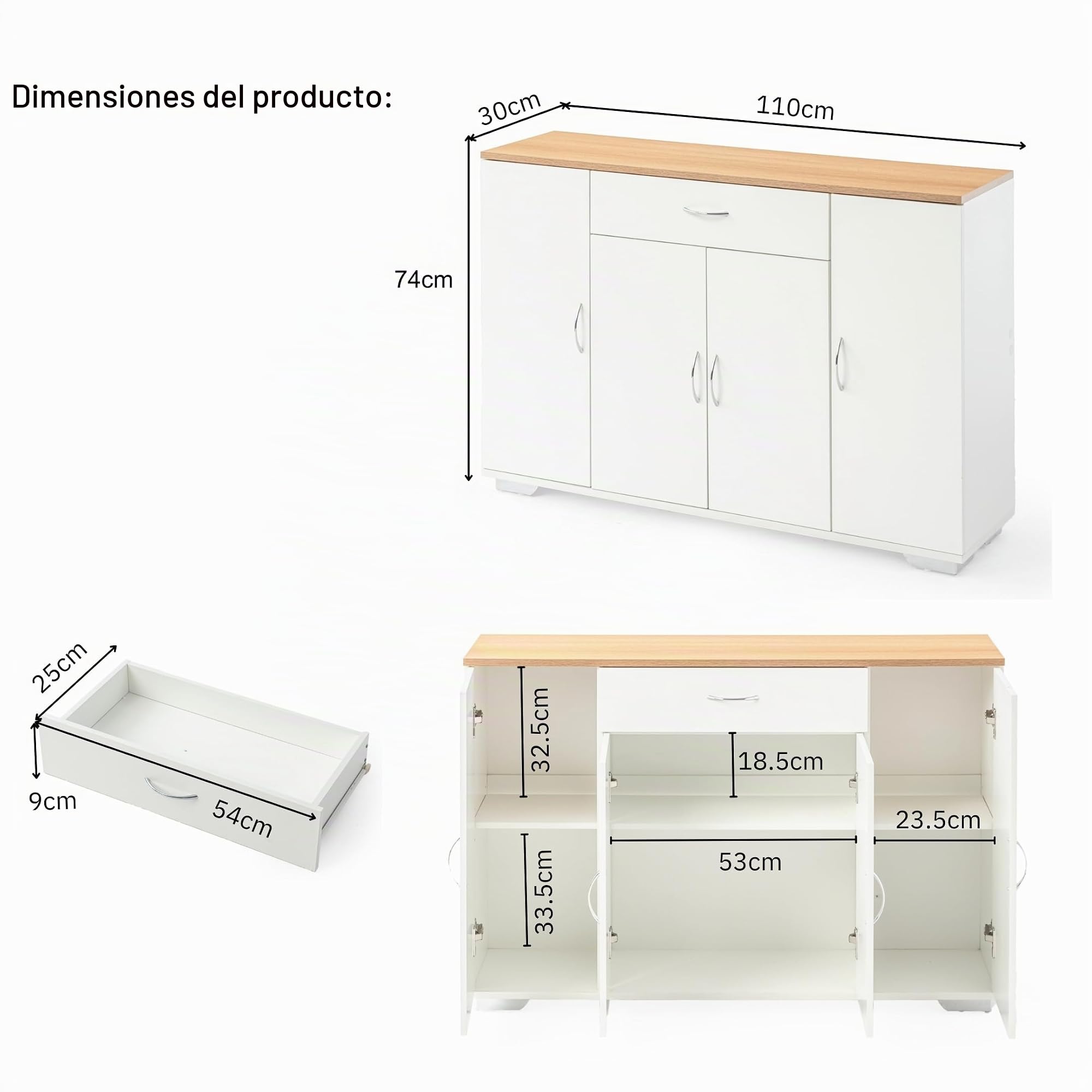 Aparador Cocina, Aparador Entrada, 110x30x74 cm, MDF, Mueble Auxiliar de Cocina y Comedor, 4 Puertas/1 cajón, estantes ajustablespara Cocina, Comedor, Salón y Recibidor (Blanco/Efecto Roble)