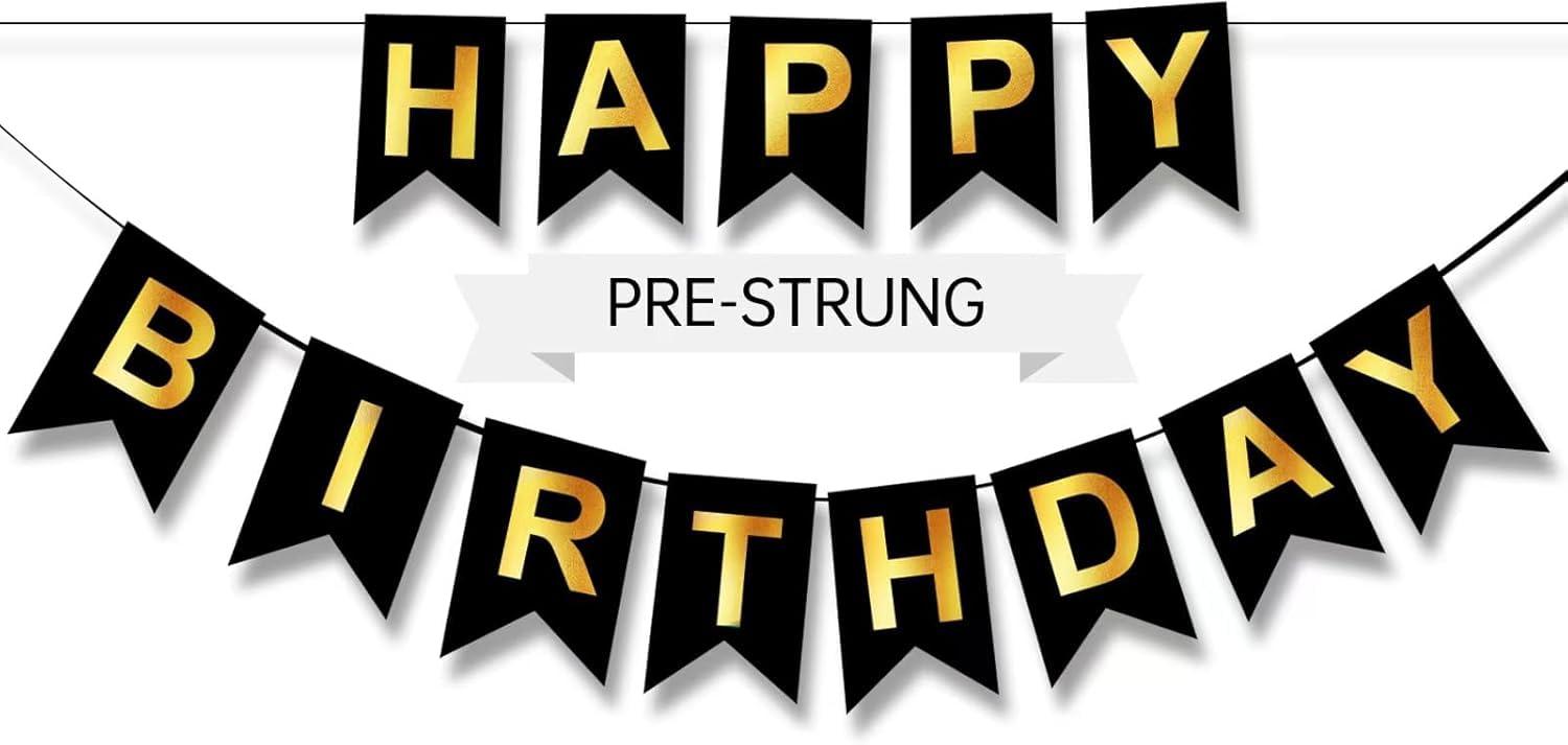 Black and Gold Happy Birthday Banner Decoration,Happy Birthday Banner for Boys, Bunting Banner (Cardstock)