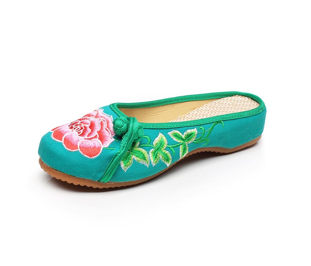 Lazutom Women's Green Lady Chinese Style Embroidery Summer Casual Slippers Shoes