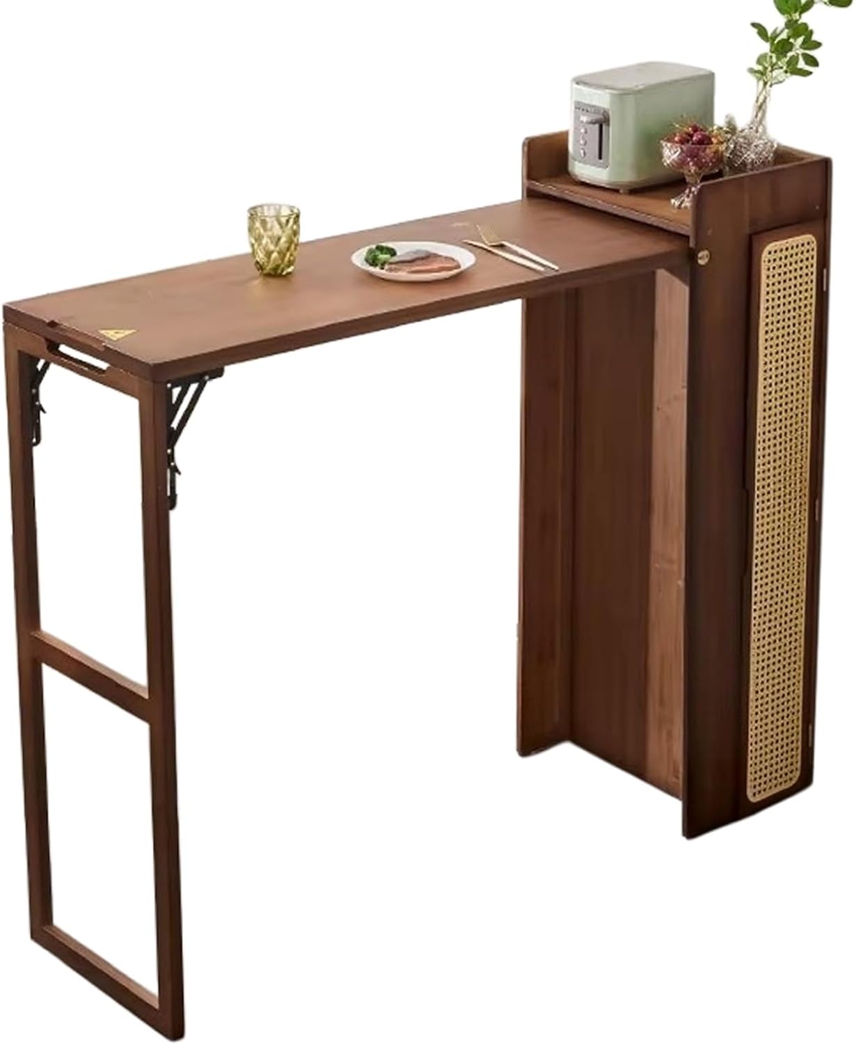 Storage Trolley Foldable Kitchen Island Bar Table with Rattan Panel Storage Cabinet Shelving Organizer(Yellow)