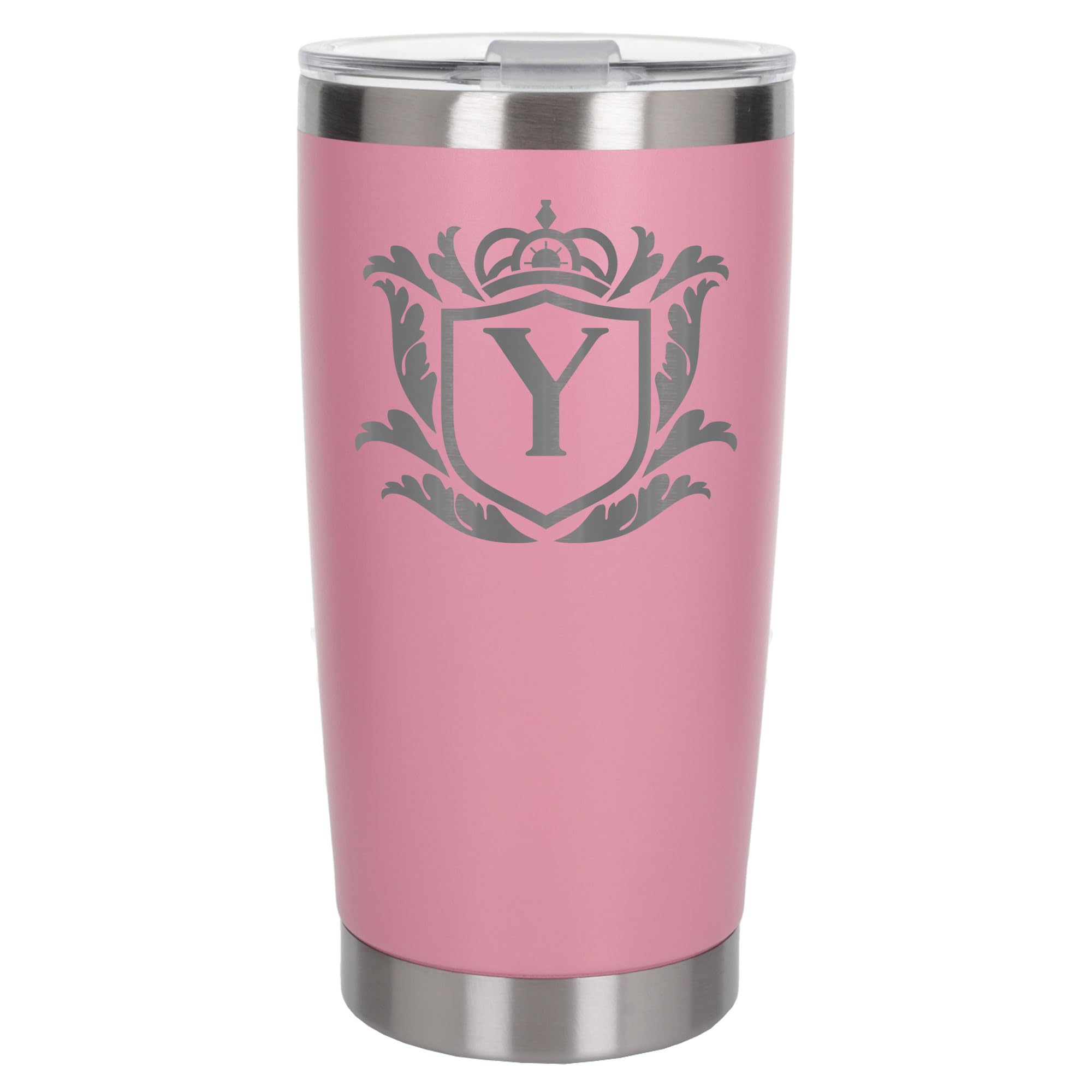 Customised Gifts 500ml Engraved Shield Initial Monogram Insulated Personalised Light Pink Travel Mug for Men and Women - Personalised Initial Coffee Travel Mug for Hot and Cold Beverages, Letter Y