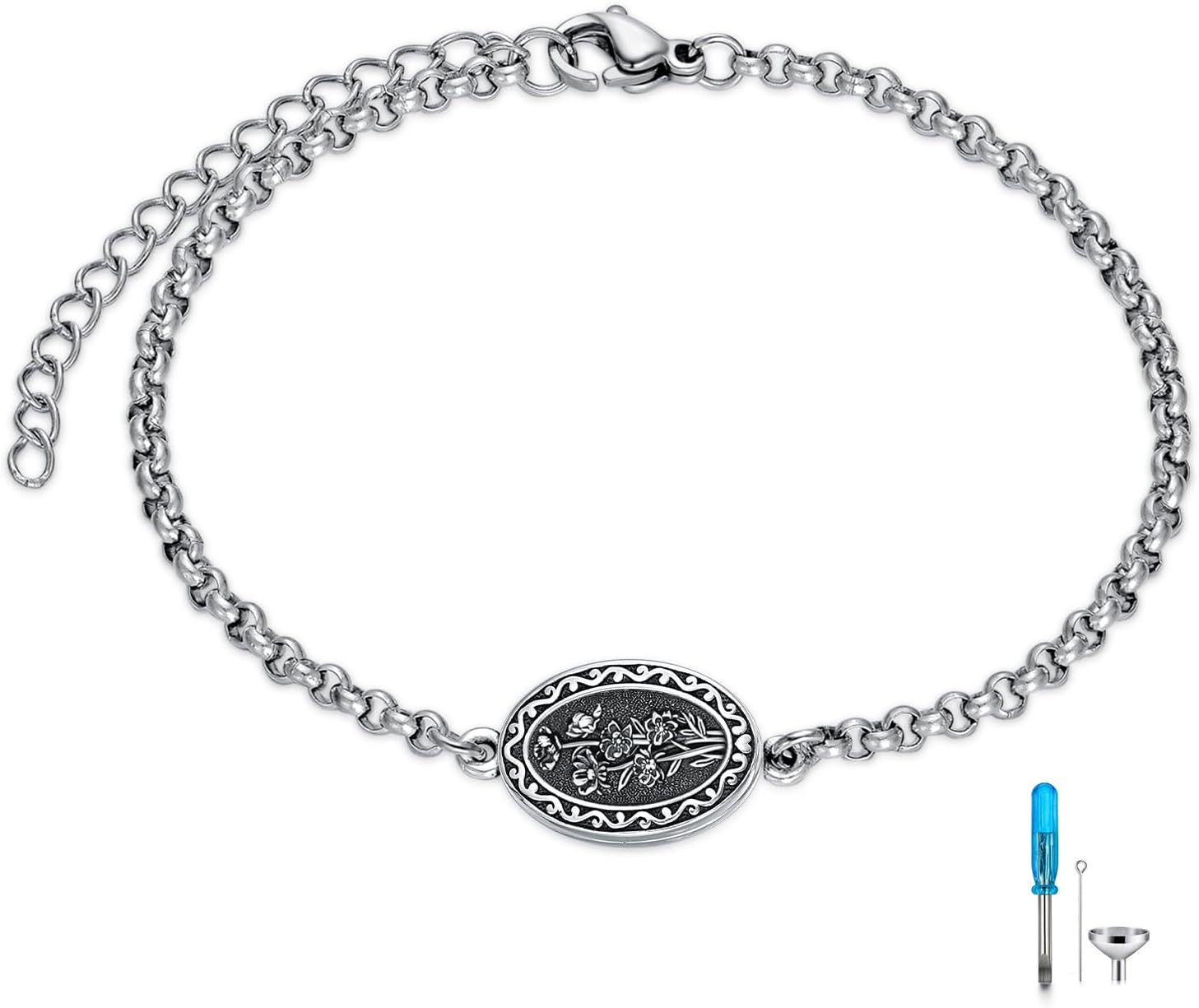Birth Flower Urn Bracelet for Ashes for Women 925 Sterling Silver Cremation Bracelet Memorial Keepsake Jewelry for Human Ashes