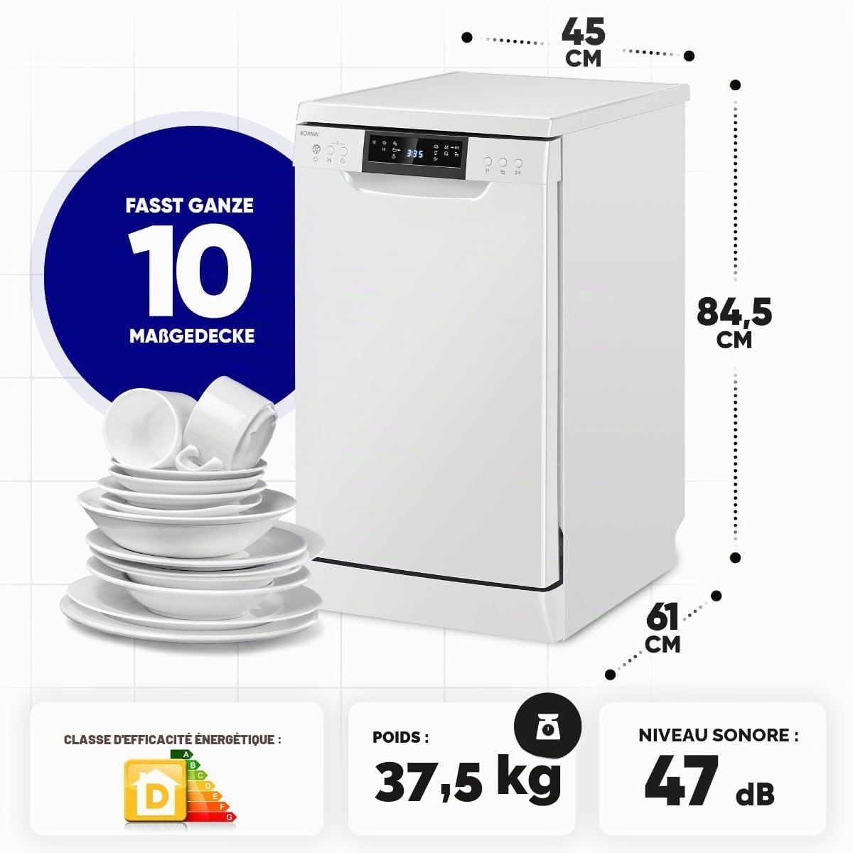 Bomann Lave-Vaisselle Encastrable 45 cm GSP7418-10 10 Couverts Blanc Acier Inoxydable 7 Programmes Affichage LED Sécurité Enfant 47 dB