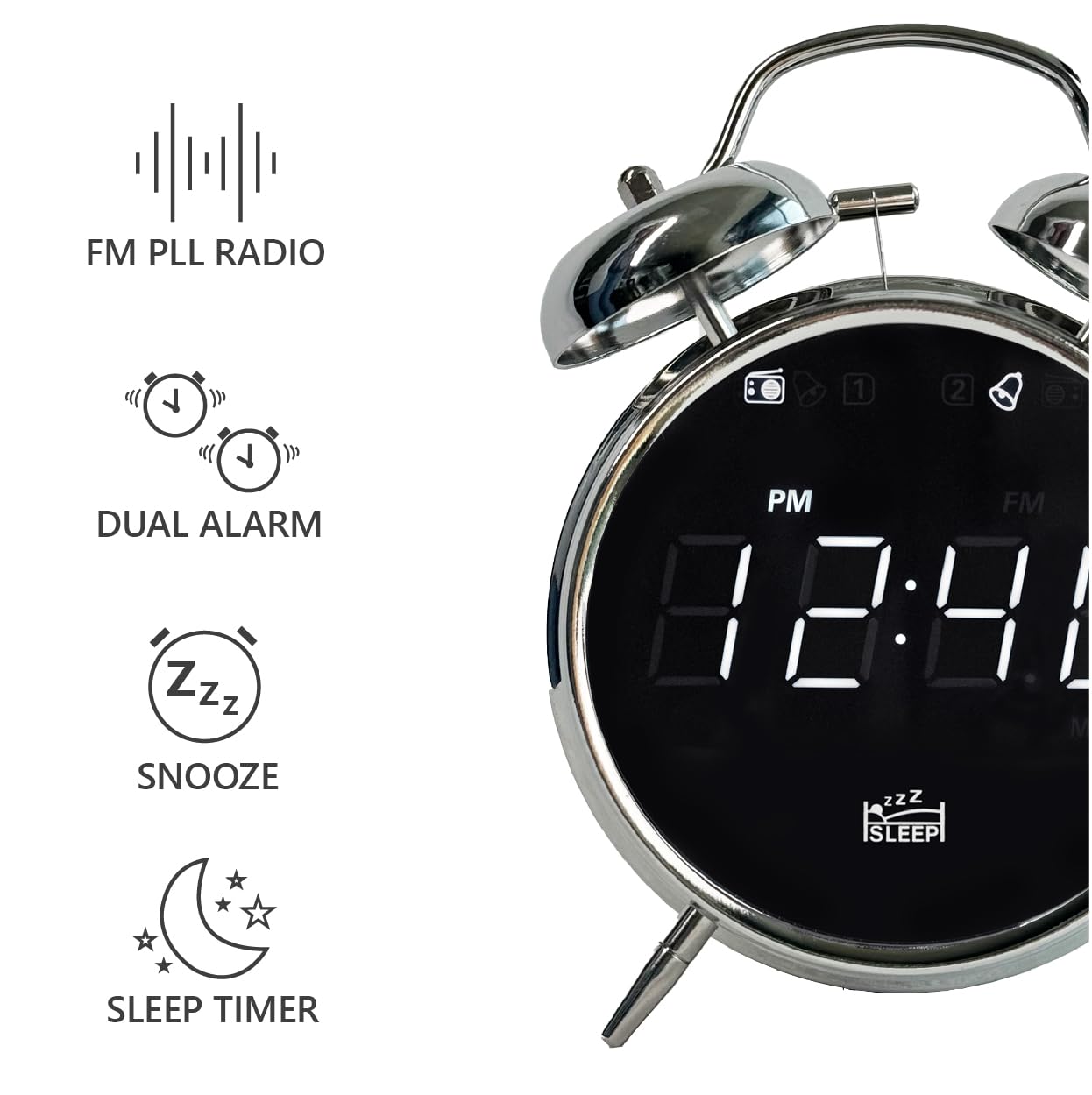 SILVA Schneider URW 240 - Radio de reloj retro con función despertador, doble campana, pantalla regulable, temporizador para dormir, despertador con timbre o radio, cromo