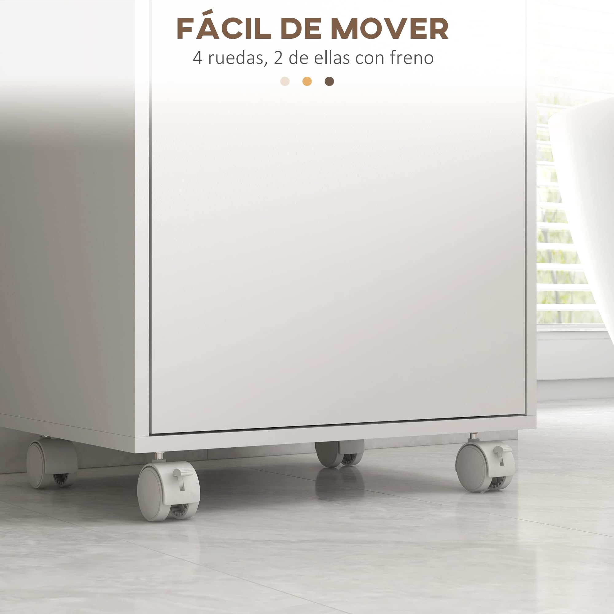 kleankin Armario de Baño Moderno con Ruedas 40x30x88 cm Blanco y Roble | Mueble Auxiliar de Baño, Mueble de Suelo, Estantes Ajustables, Bandeja Extraíble
