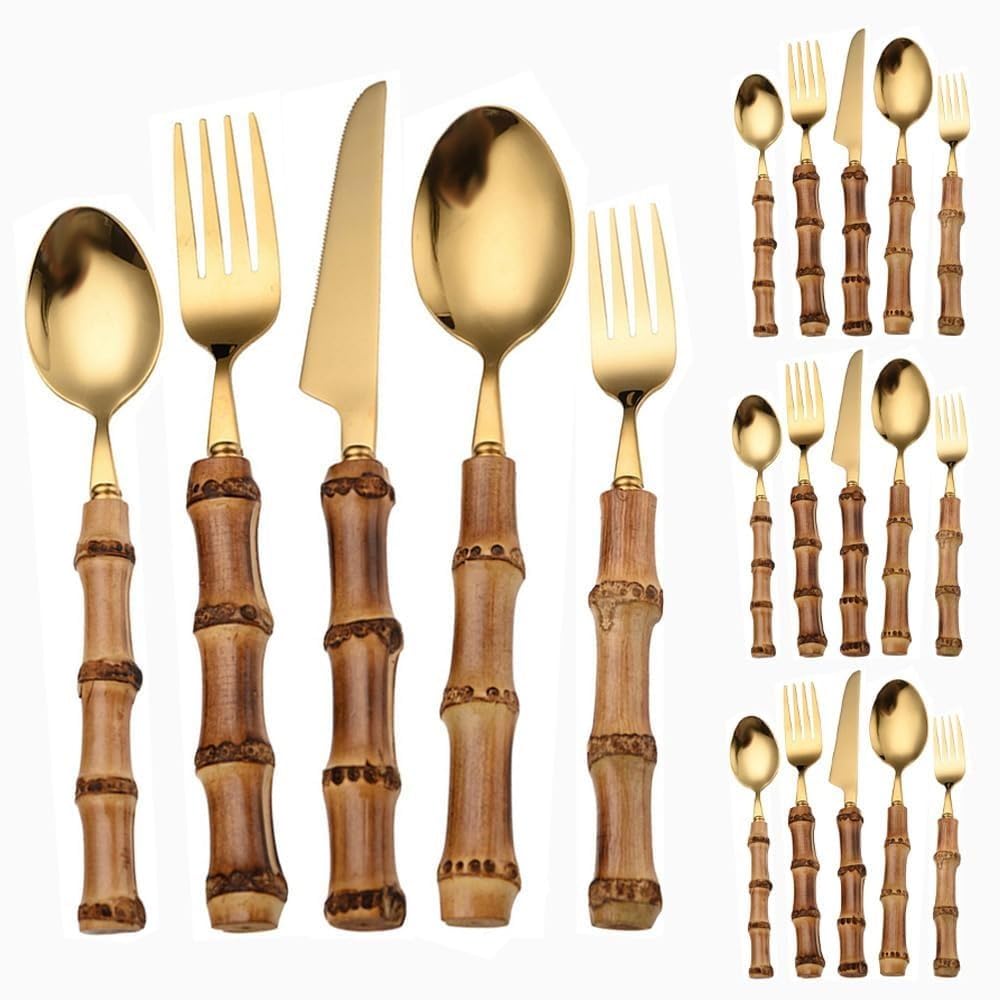 In Primo Piano Manico in Bambù Autentico Cucina Acciaio Inossidabile Posate Stoviglie Posate Coltelli Forchette Cucchiai Set Coltello Da Bistecca Per (Oro,20 pezzi)