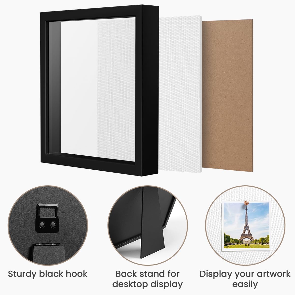 Black 8×10 Shadow Box Display Frame, Premium Linen Backboard and Included Pushpins, Plexiglass Memory Box