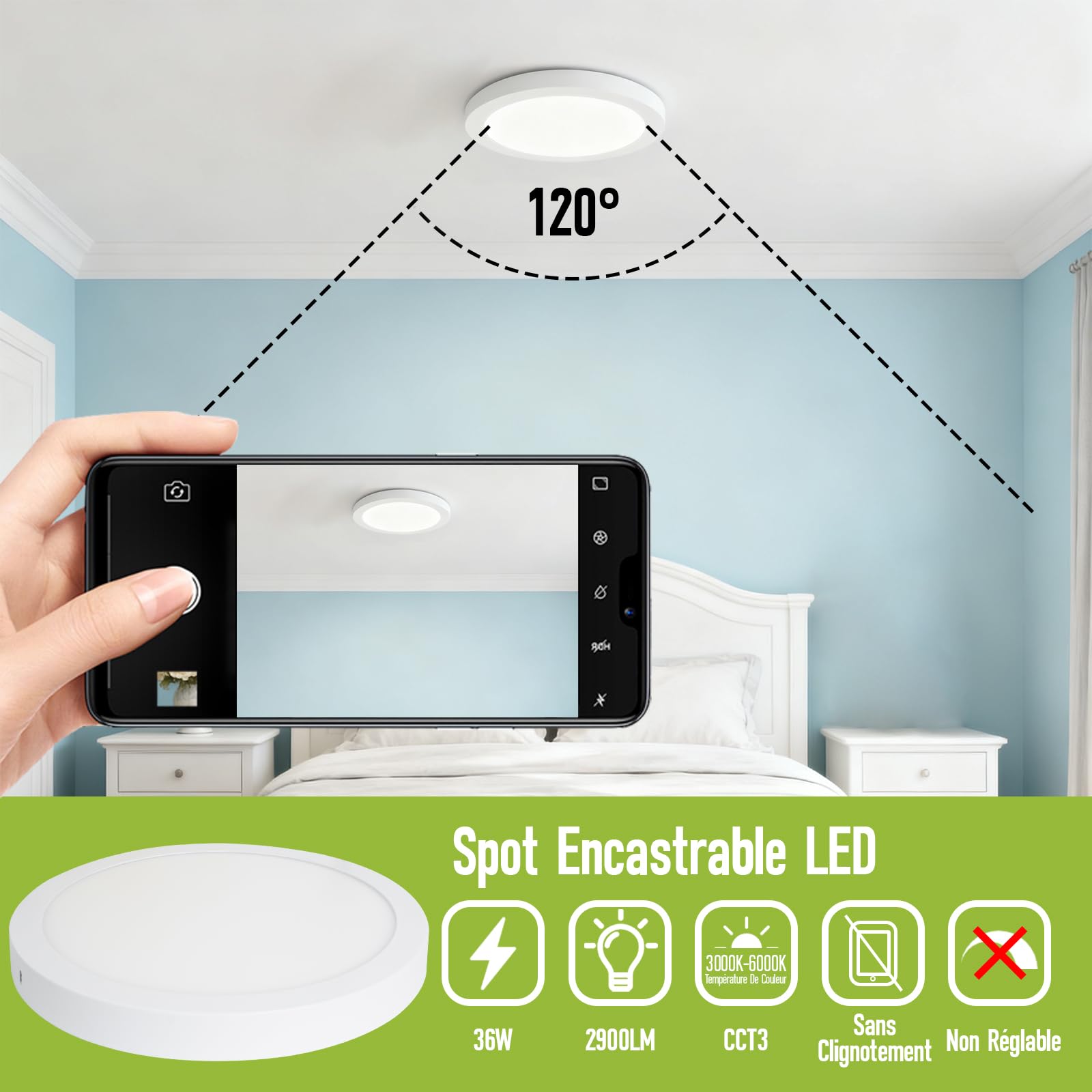 Plafonnier LED Plat Et Rond 36W Panneau Lumineux Ø400mm Lampe Salle Bain 2900LM 3CCT 3000K-6000K Blanc Chaud Neutre Froid Non Réglable 85V-265V Aluminium