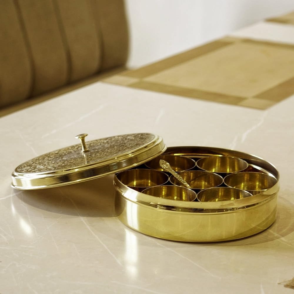 Arazio Brass Etched Spice Box, 7 Inch, Hammered Finish, with 7 Compartments and Spoon, Handmade