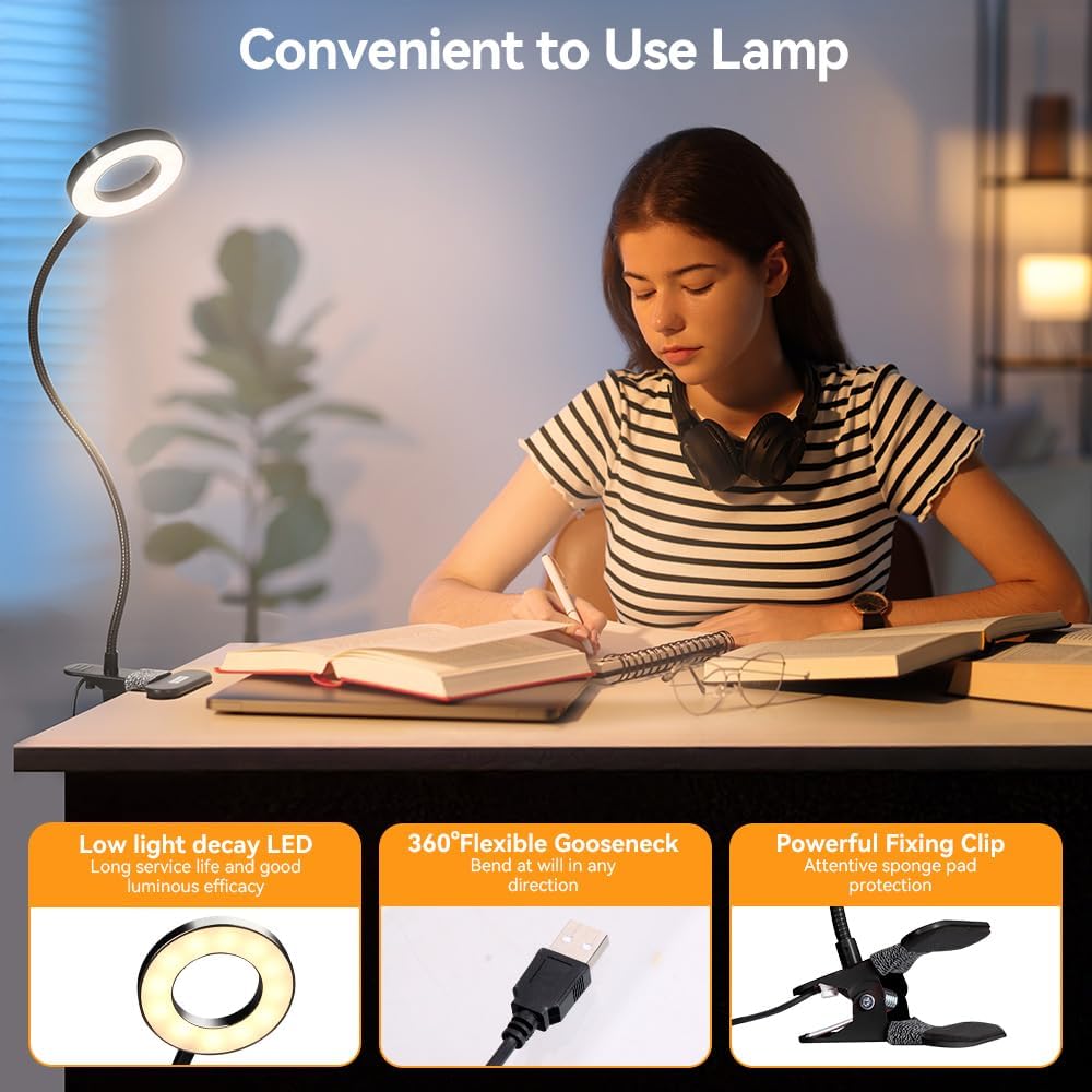 Skymore Desk Clip on Light, [3 Color Modes & 10 Brightness] LED Reading Light with Clamp, Flexible Gooseneck Book Light for Kids Reading Book in Bed, Headboard-Black