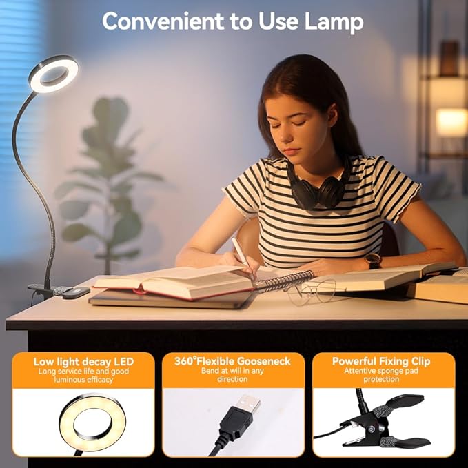 Skymore Skymore Clip-on Reading Light, Book Light with Clamp, 3 Color Modes & 10 Brightness Levels, Desk Light for Table, Bed Headboard - Black photo 3