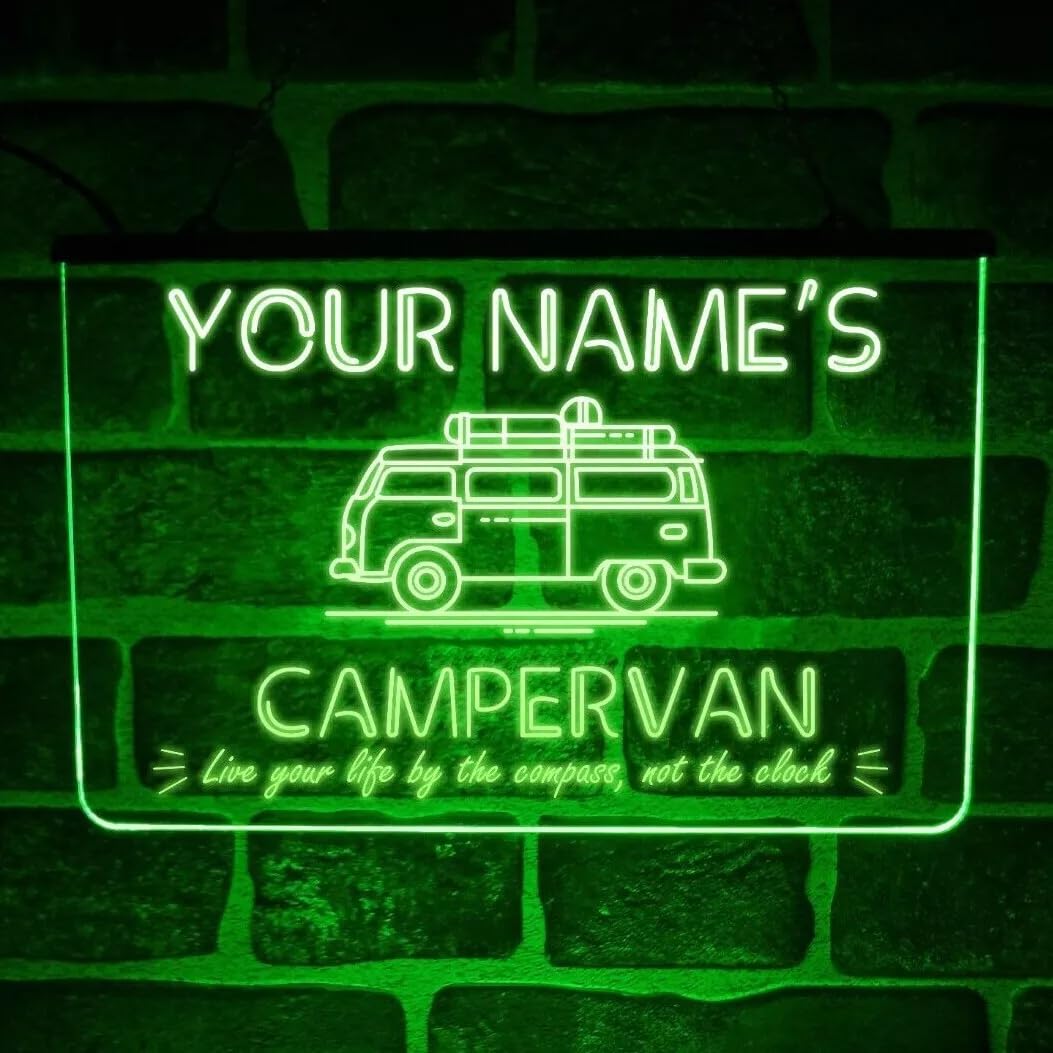 Personalised Campervan Neon LED Sign – Custom Road Trip Light for Windscreen or Dashboard | Vanlife Camper Interior Decoration | Unique Gift for Travel Lovers & RV Owners (USB Powered) (Green)
