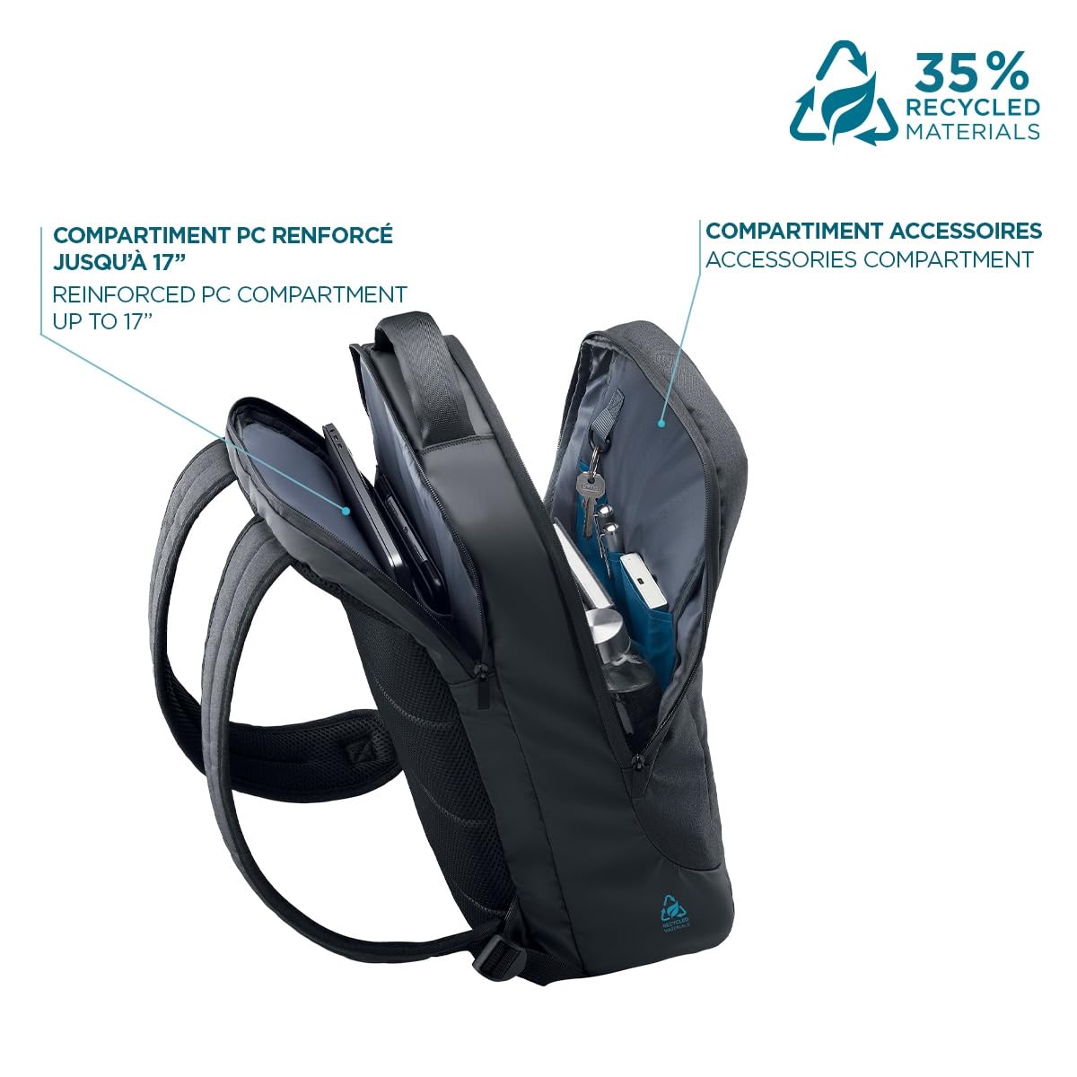 MOBILIS Sac à Dos pour Ordinateur Portable 14-17" PC 15.6", Fabriqué de Matériaux Recyclés Certifiés GRS, Matière Étanche, Fond Renforcé, Bretelles Ergonomiques, Grande Capacité de Chargement, Noir