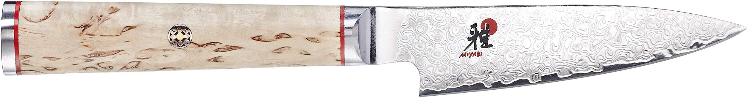 Miyabi 5000MCD Shotoh 9cm. G2 micro-carbide powder steel. Japanese blade. Hand-honed. ice-hardened to Rockwell 63. 101-layer flower Damascus design. Birch handle. Made in Japan