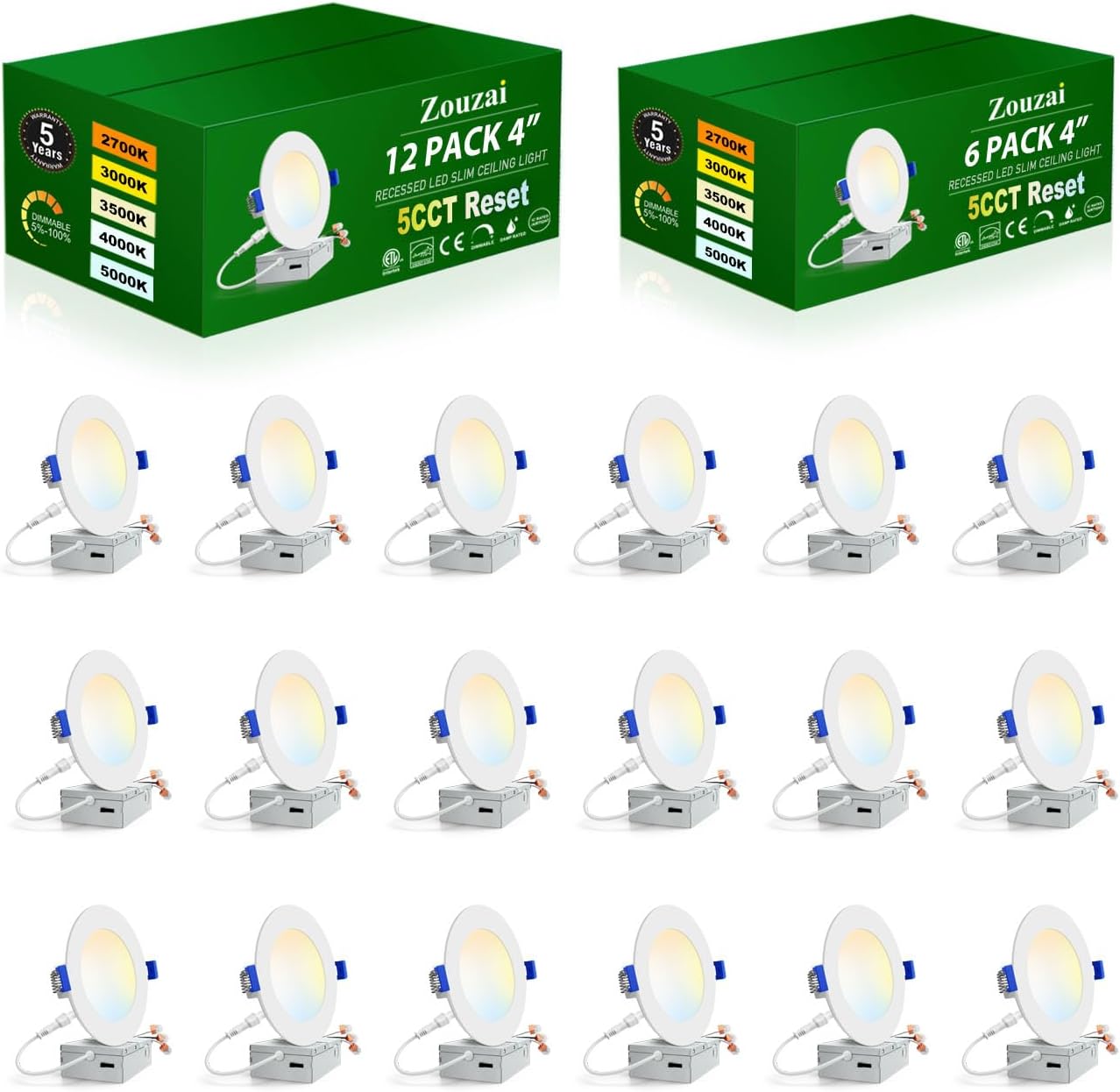 zouzai 18 Pack 4 Inch Ultra-Thin LED Recessed Ceiling Light with Junction Box 5CCT Adjustable Dimmable