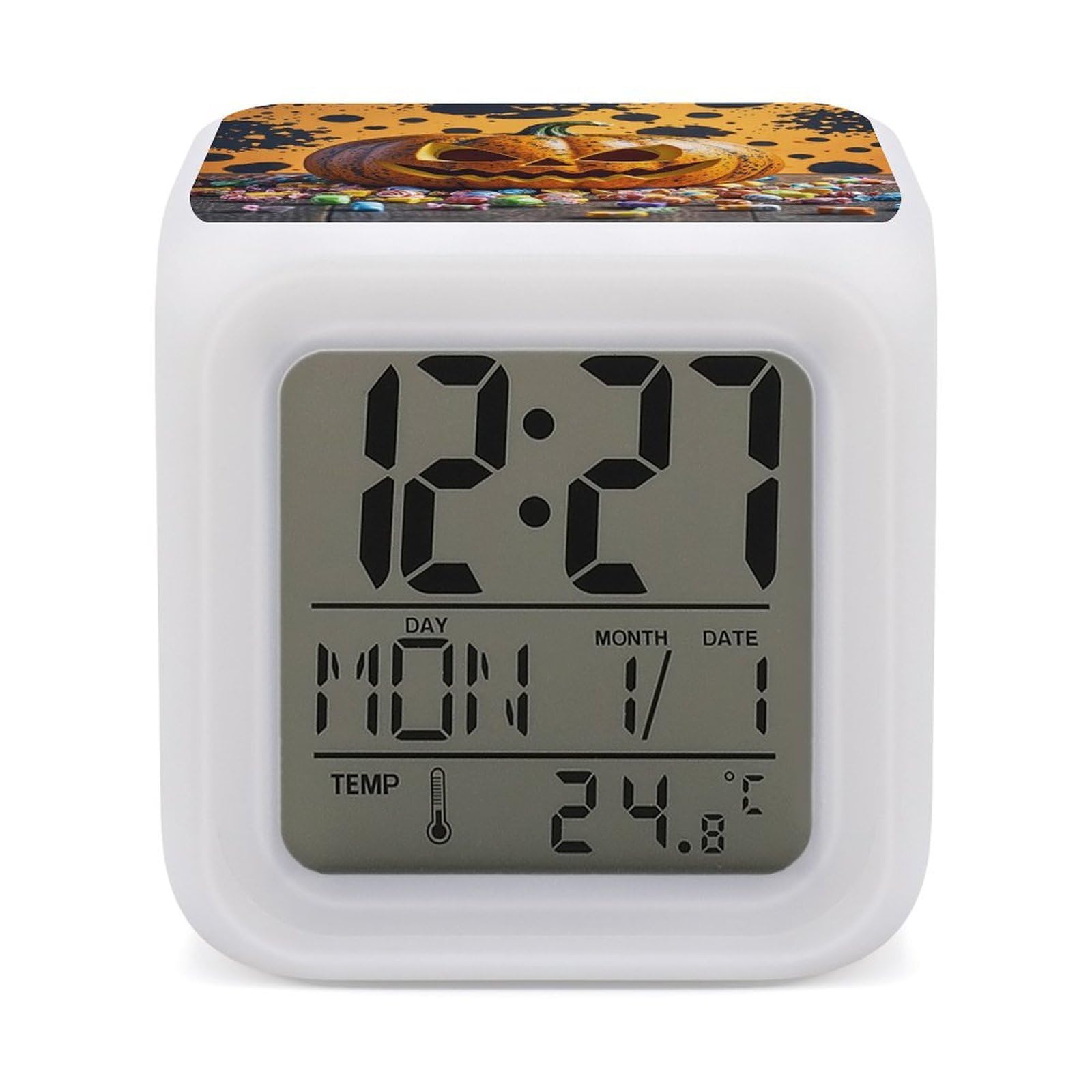 FekiLoot Pumpkins and Candies Alarm Clock for Heavy Sleepers Wake Up Digital Clock with 7 Color Changing Night Light Super Loud Digital Alarm Clocks Small Machine Alarm Clocks