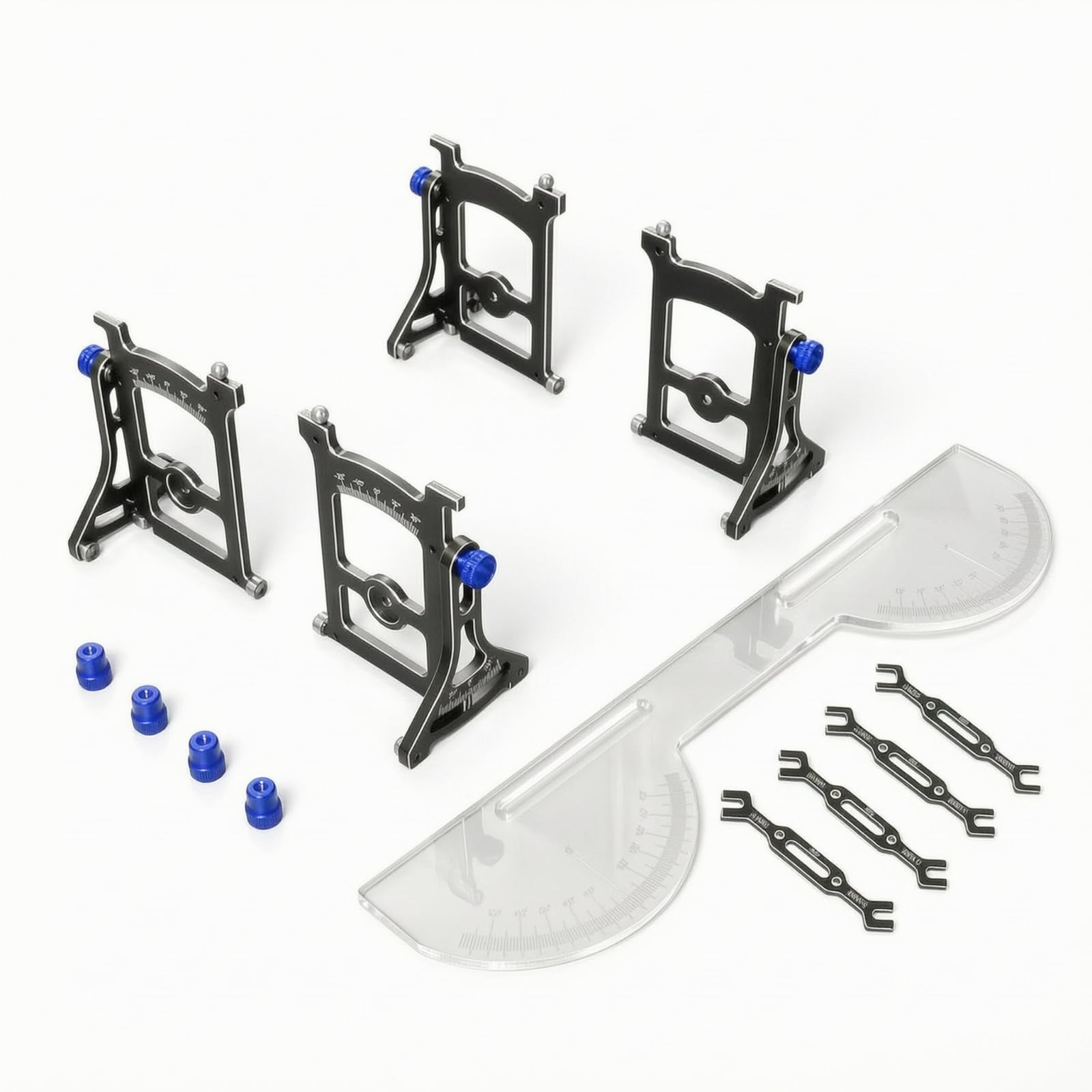 harayaa Calibratore Veicoli in 1/10 Strumento Telaio RC Misuratore Angoli Ruota con Piastra Trasparente Supporti Metallici Regolazioni Rapide Adatto a, Blu, Con Tirante Di Regolazione