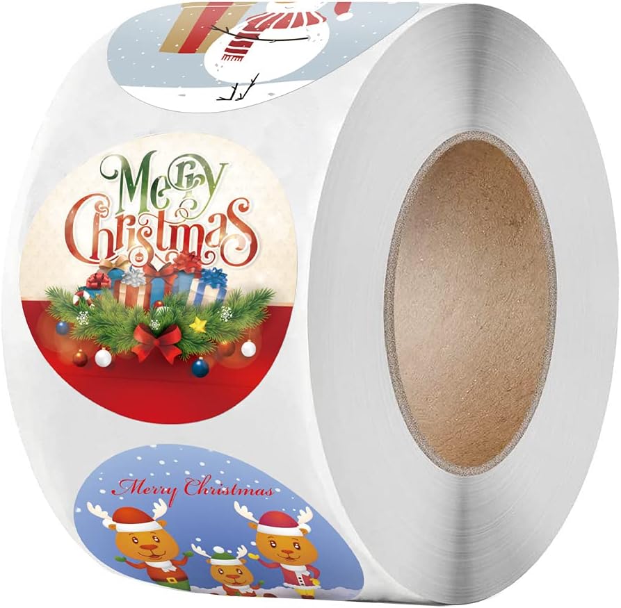 500PCS Christmas Stickers Roll 8 Designs Santa Claus Elk Bow Snowman Holly Xmas Holiday Round Adhesive Label Stickers Cute Decal for Xmas Cards 1.5 Inch DIY Gift Envelope Party Decorations
