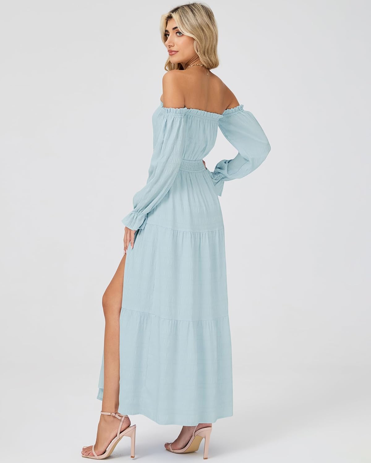 Women Boho Maxi Dress Sexy Off Shoulder Long Sleeve Smocked Flowy Dresses A Line Tiered Sundress Slit Wedding Dress - Image 4