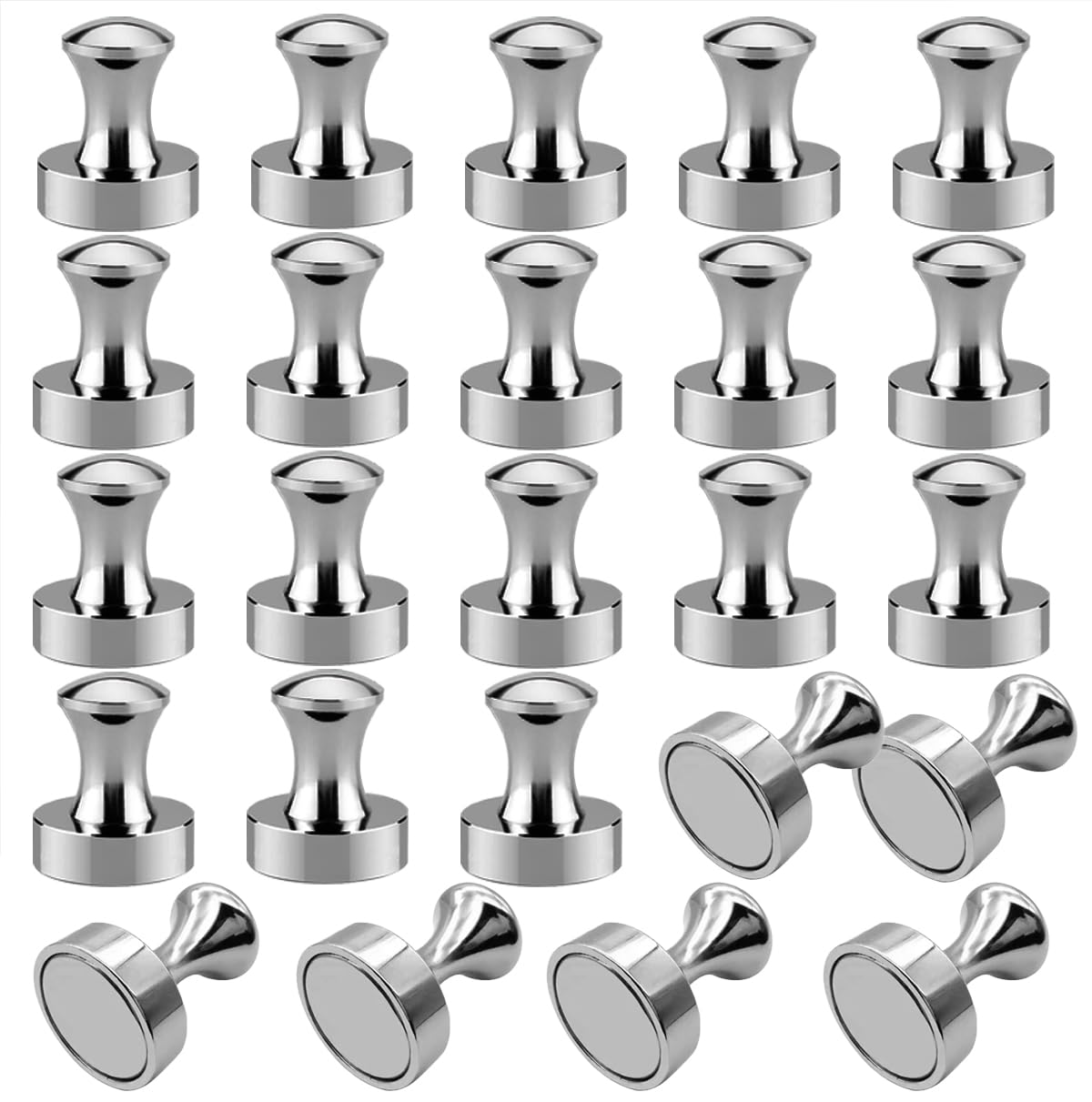 24 Pack Strong Neodymium Fridge Magnets - Silver Round Magnetic Push Pins 12x16mm for Whiteboard, Office, Notice Board, Refrigerator