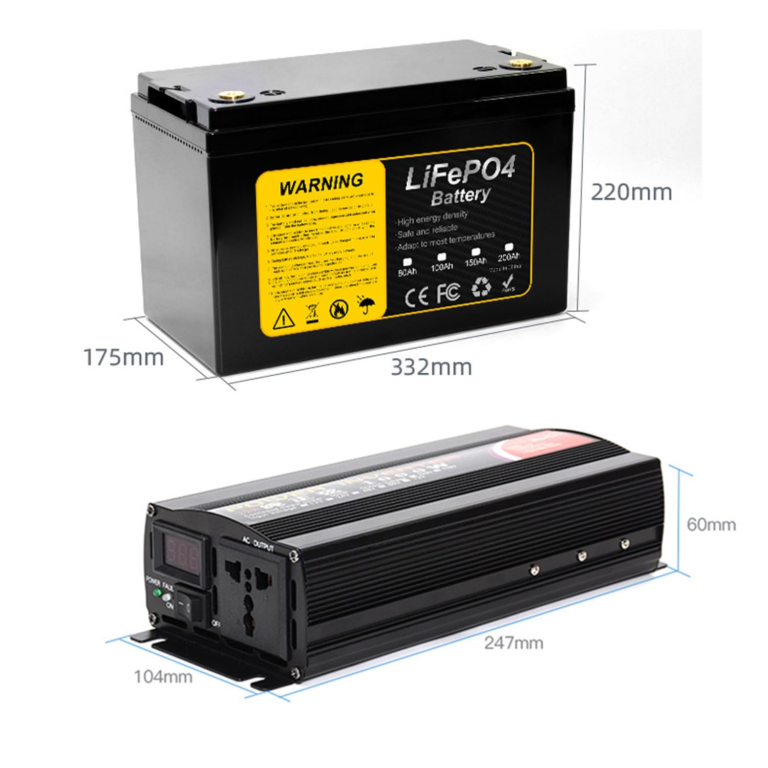 Batteria 12 Volt LiFePO4 12V 80Ah 100Ah 150Ah 200Ah Batteria Litio Alimentazione Emergenza con Inverter 1000W 3000W 4000W unità Generazione di energia Portatile,12v80ahwith1000w