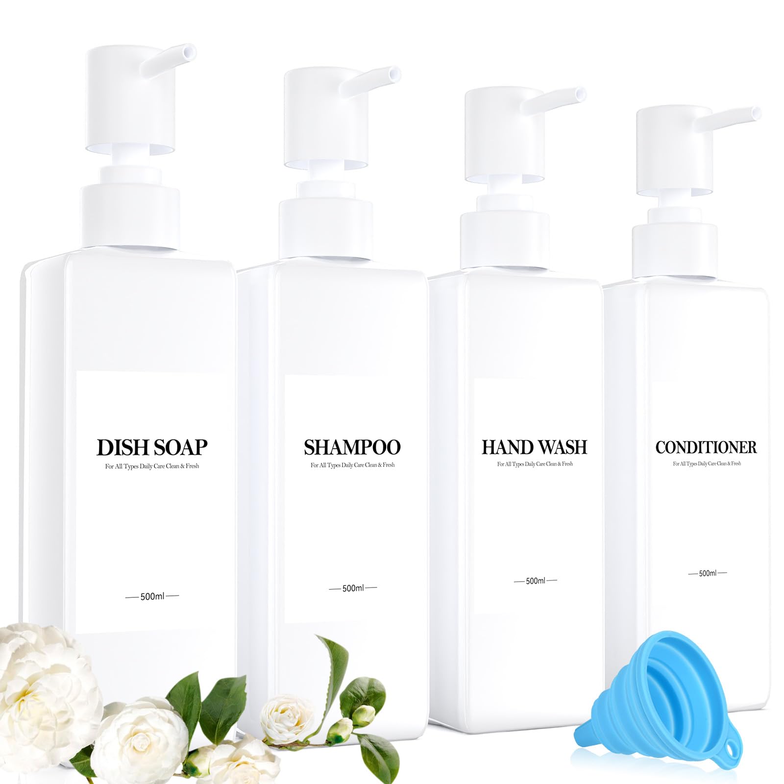4er Seifenspender 500ml Weiß Shampoo Flaschen Zum BefüLlen Aus Kunststoff, 500 ml Seifenspender Flaschen Shampoo Spende Weiß Pumpspender mit Trichter und Wasserdichten Etiketten