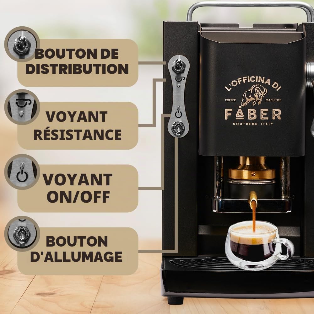FABER COFFEE MACHINES | Model Pro Deluxe | Machine à café avec dosettes ese 44 mm | Finition chrome noir mat | Pressacialda en laiton