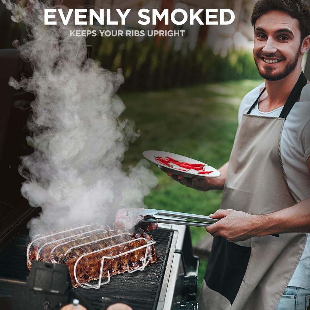 Supporto per arrostire in acciaio , supporto a costine per grigliare, barbecue e fumo, supporto a costine per barbecue per affumicatore a gas C