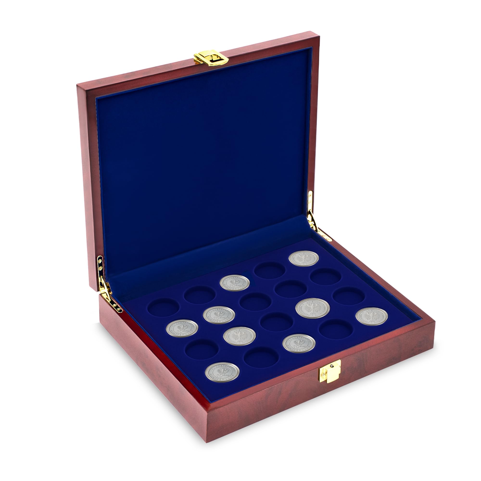 SAFE 5797 kasetka na monety z drewna korzeniowego Premium | w zestawie 3 aksamitno-niebieskie tablice na 60 sztuk monet 10€/20€ w kapsułach | format: 258 x 205 x 45 mm