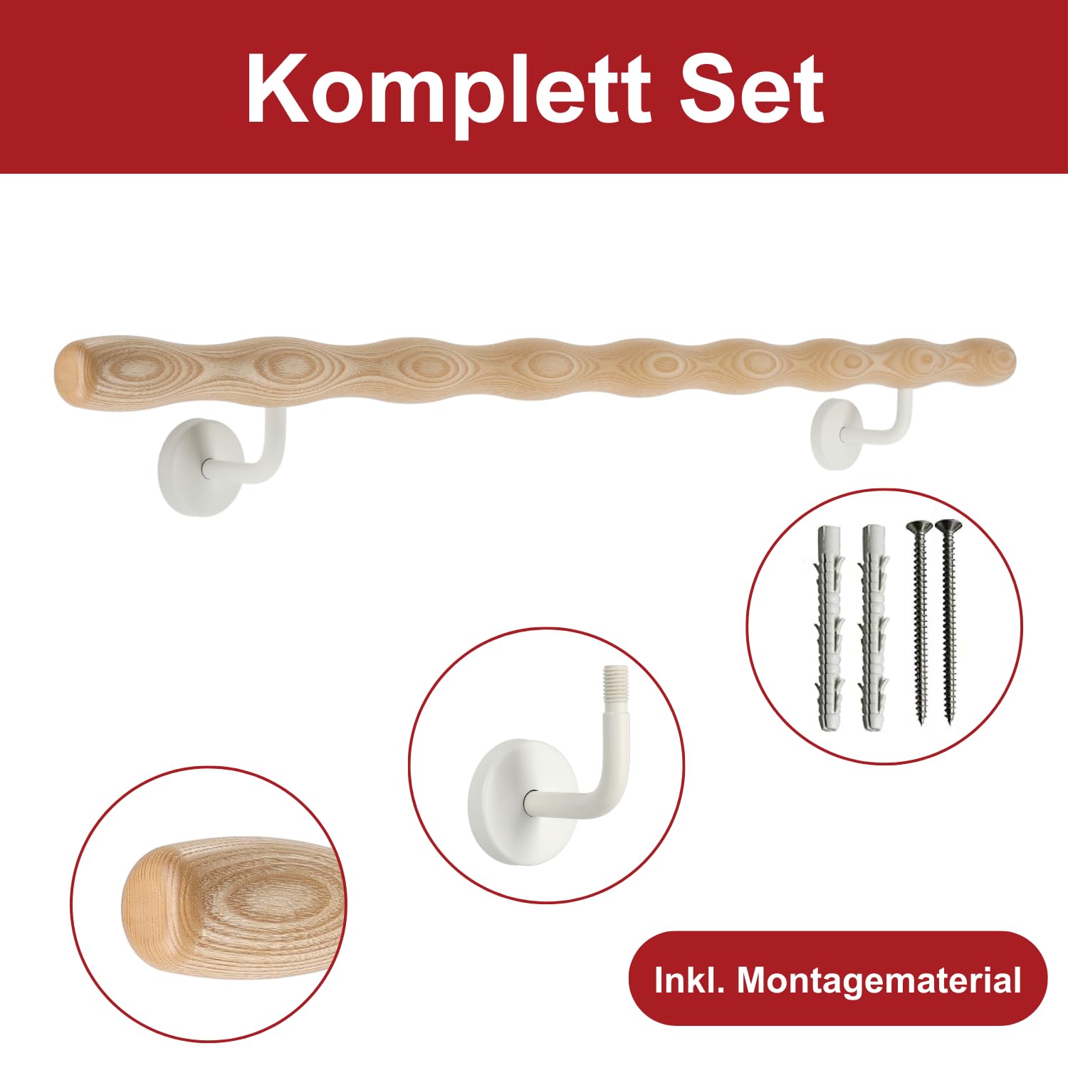 TIBU Barandilla de madera de fresno ondulada con soporte de acero inoxidable en ángulo, barra de giro, varilla ginástica, barra ergogénica y entrenador de dedos, longitud de 100 cm y soporte modelo C