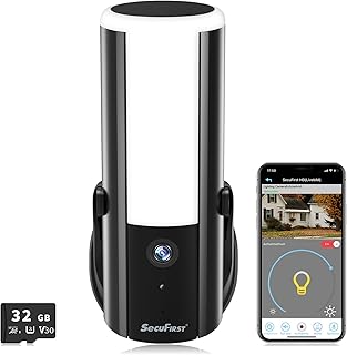 SecuFirst Überwachungskamera Aussen mit LED Außenleuchte, mit Bewegungsmelder,Dimmbare Helligkeit (900lm),Aluminium Kamera Überwachung Outdoor,KI-Erkennung,WLAN, 2K, 32GB SD-Karte,
