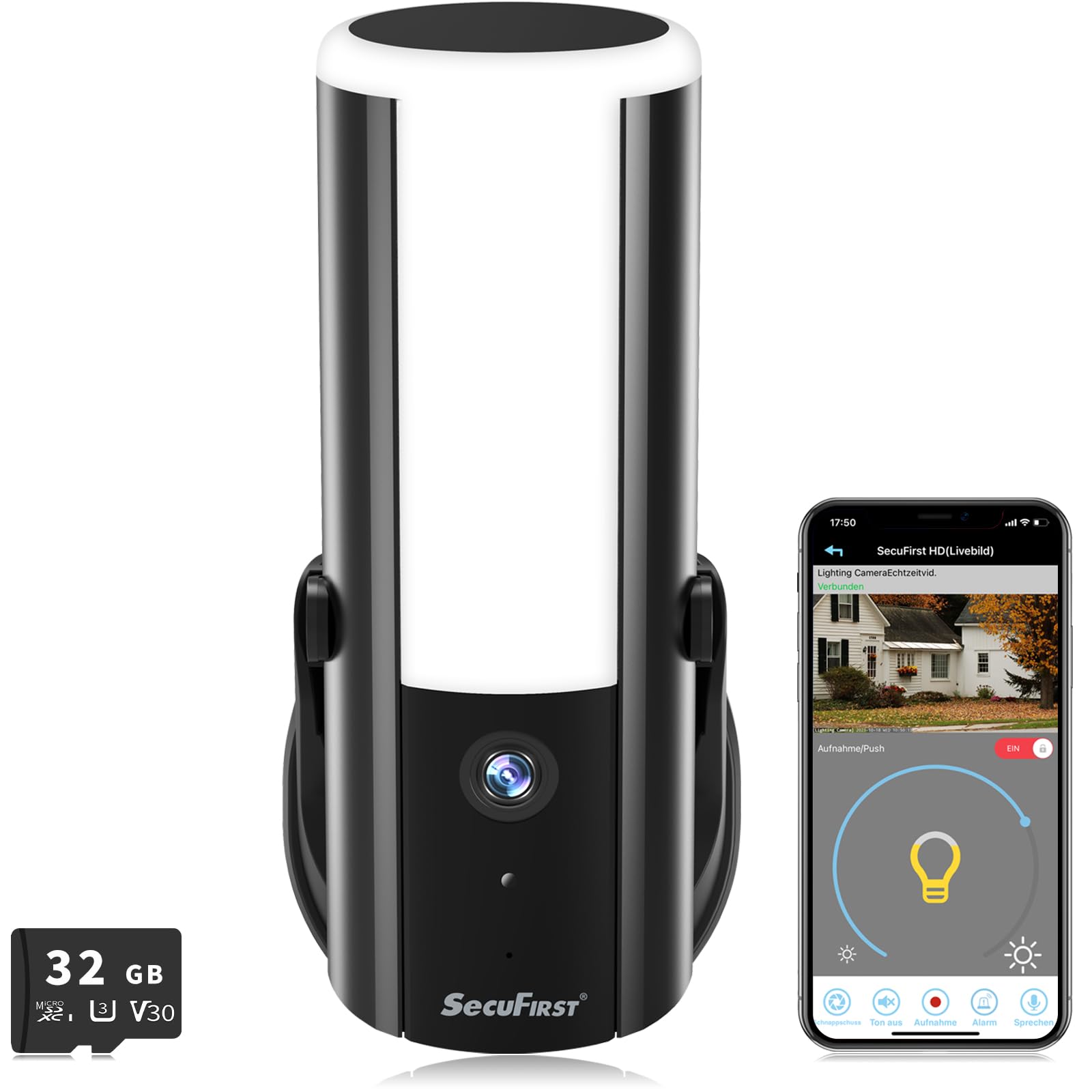 SecuFirst Überwachungskamera Aussen mit LED Außenleuchte,WLAN, 2K | Aluminium Kamera Überwachung Outdoor,mit Bewegungsmelder,Dimmbare Helligkeit (900lm),KI-Erkennung,32GB SD-Karte