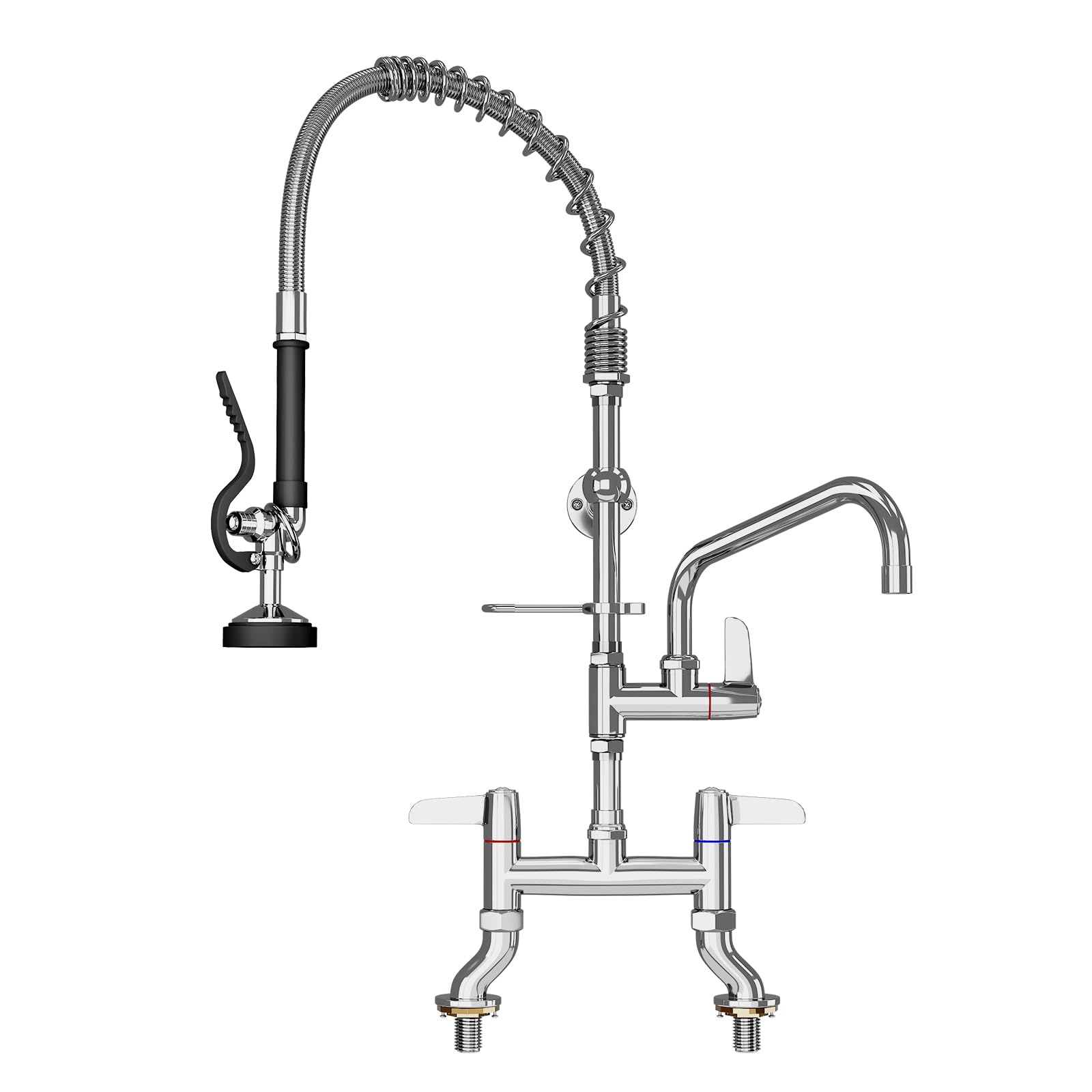 MOOTACO Commercial Kitchen Pre-Rinse Spray Tap, Adjustable Foot Double Pedestal Pull Out Flexible Hose Sink Kitchen Wall-Mount Tap(4-8inch Adjustable Center)