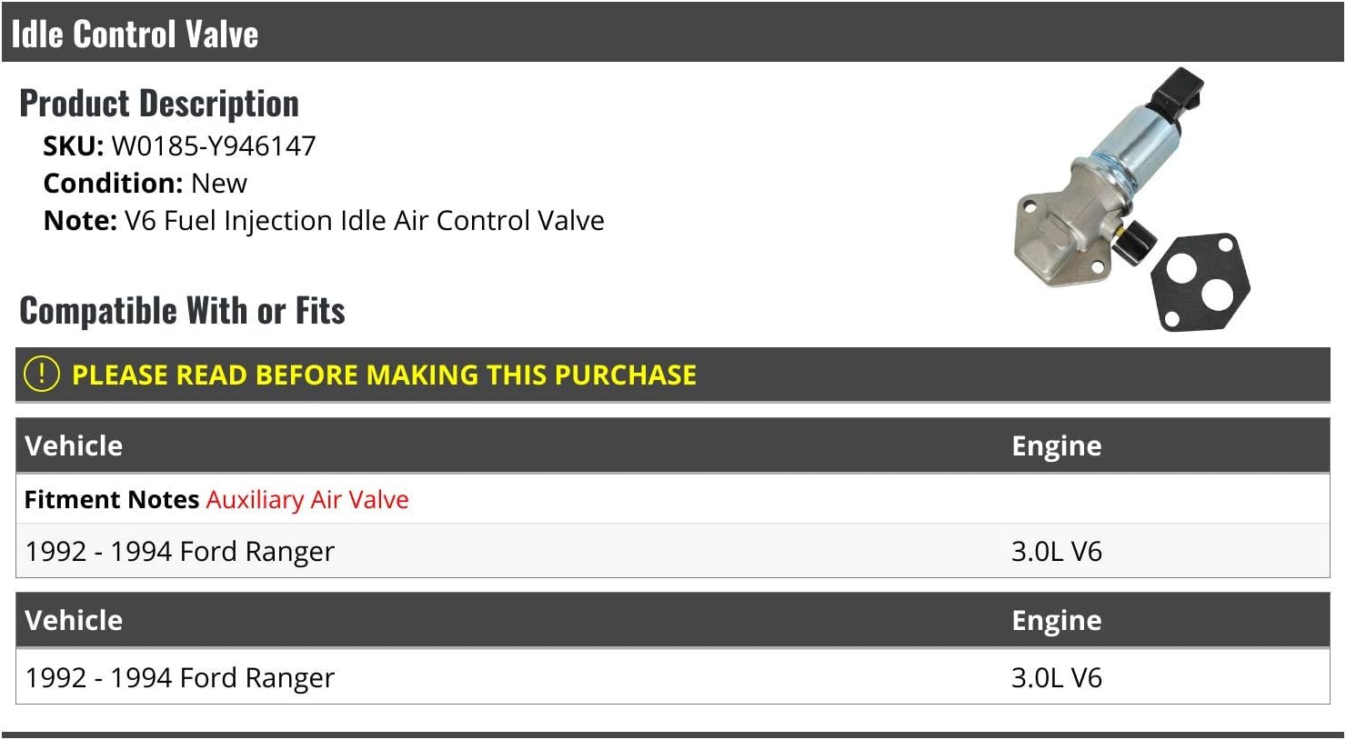 Idle Control Valve - Compatible with 1992-1994 Ford Ranger 3.0L V6