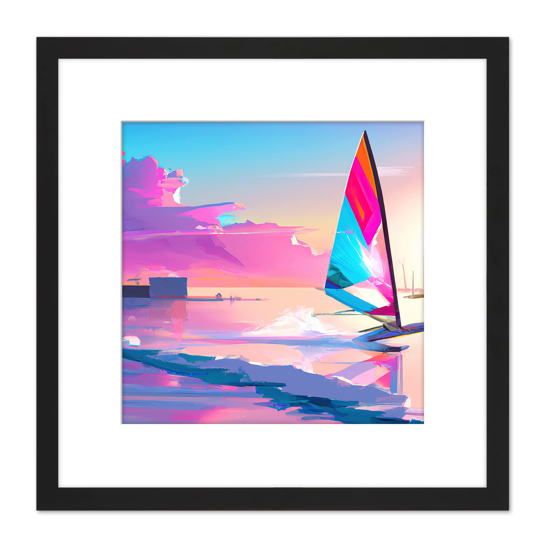 Wee Blue Coo Pink Skies Seascape Windsurfer Windsurfing Bright Vibrant Watercolour Sport Square Wooden Framed Wall Art Print Picture 8X8 Inch