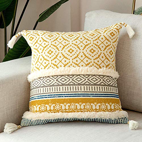 hi-home 1 Stück Boho Kissenbezug, Dekorative kissenbezüge mit Quaste Baumwolle Sofakissen 45x45cm Kissenhülle Dekokissen Kopfkissenbezug Kissen Boho Style für Sofa Schlafzimmer Wohnzimmer (Gelb)