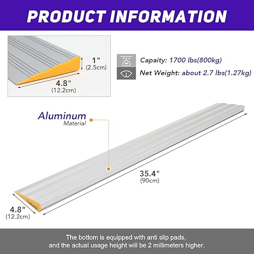 Miniatura 7 de LIEKUMM Rampa de umbral de 1 pulgada x 35.4 pulgadas, capacidad de 1700 libras, adecuada para umbral de transición, escalón, puertas, entrada de