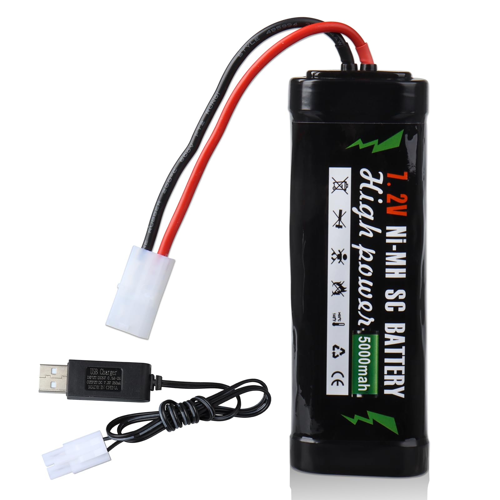 Batería Recargable NiMH De 7,2V Y 5000mAh – Con Cable USB Y Conector SM-2P – Para Coches RC, Aviones, Helicópteros Y Barcos