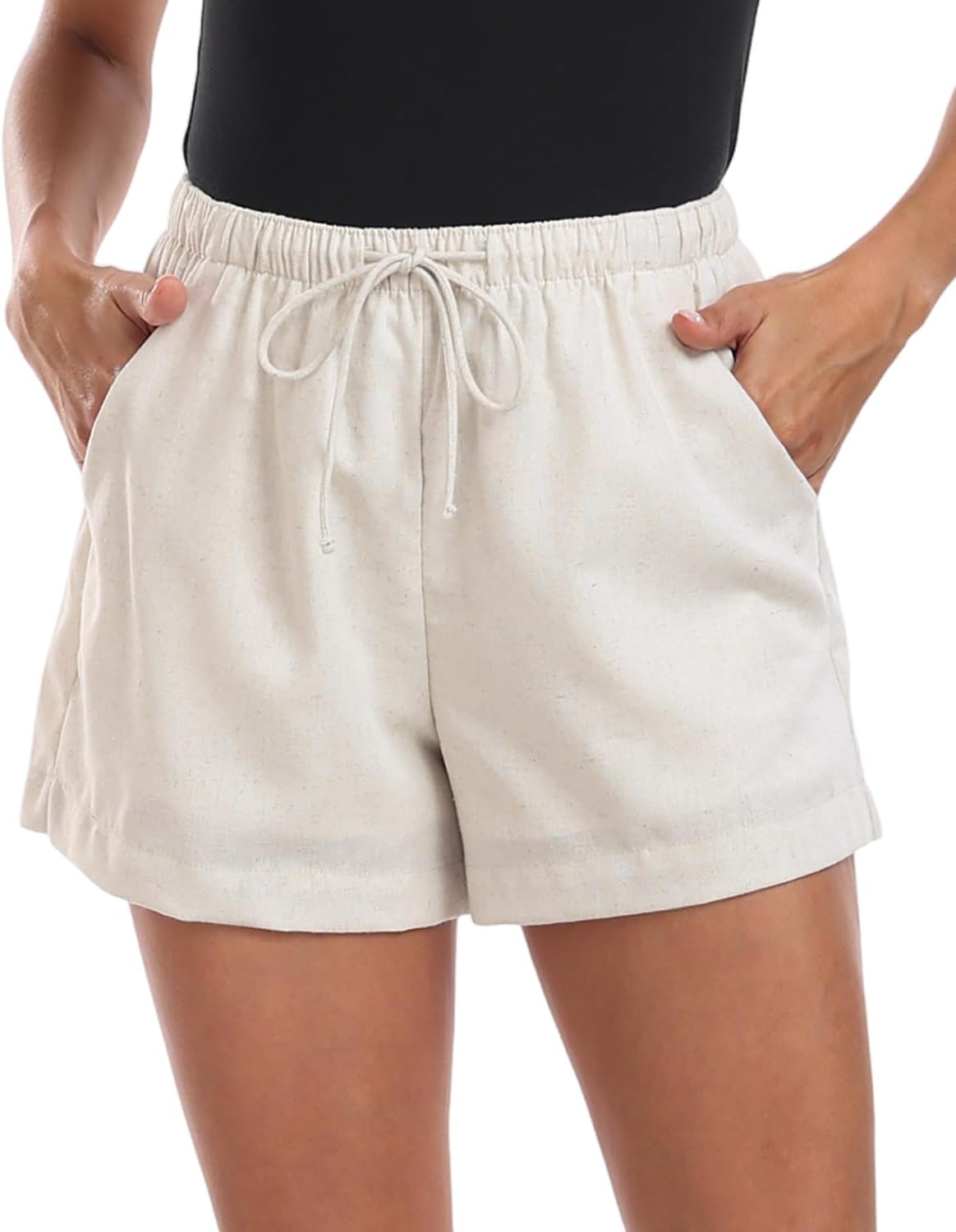 Women's Linen Shorts Lightweight Cotton Drawstring Elastic Waist Summer Casual Shorts for Women with Pockets