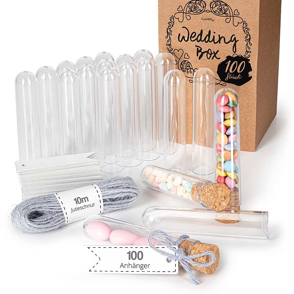 Tuuters 100 Kunststoff Reagenzglas mit Korken, Schnur, Etikett Anhänger Reagenzgläser für DIY, Gewürze Blumen-Samen (100x21mm)
