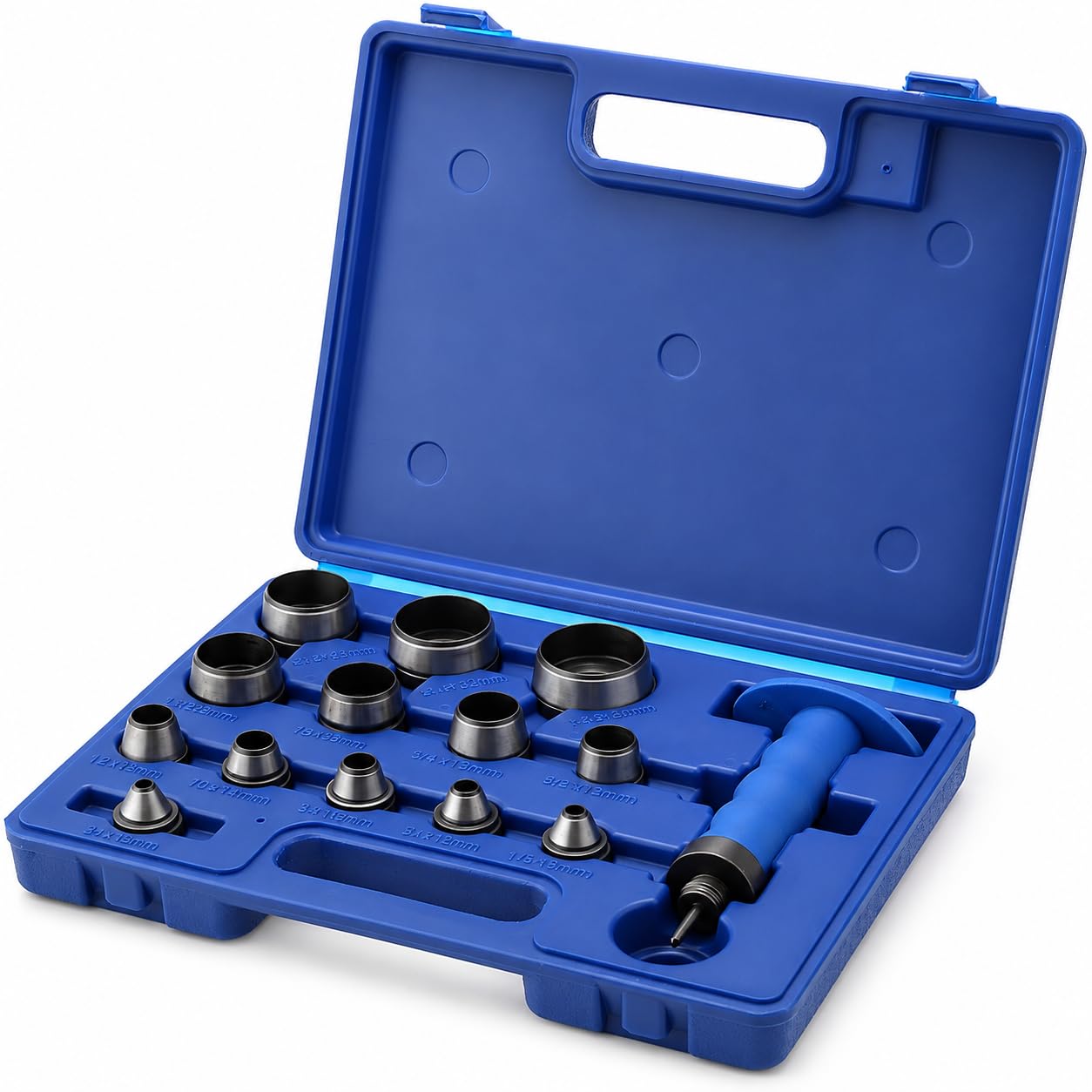 Topway Blue Hollow Punch Set 14Pcs, 5-35Mm Professional Leather Hole Punch Cutter With Puching Handle In Plastic Case For Leatherworking Belt Rubber Gaskets Watch Band 405102