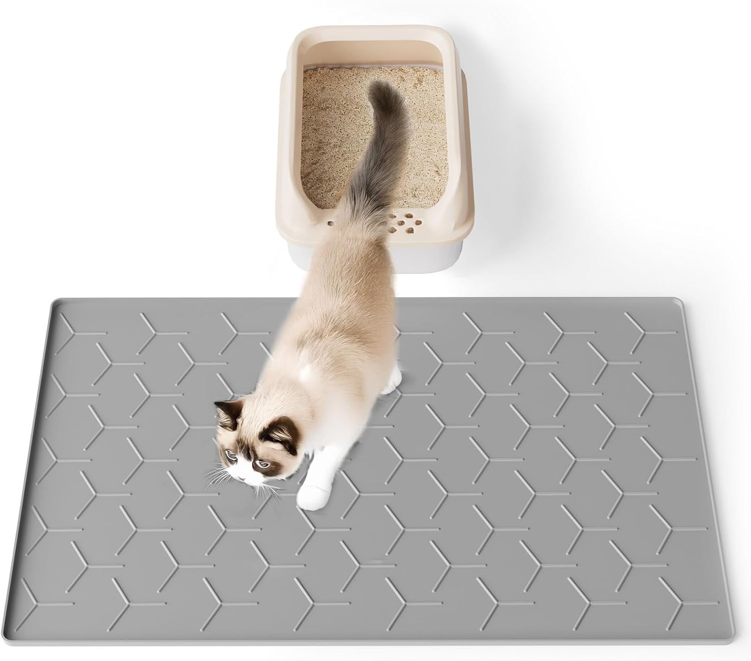 Silicone Cat Litter Mat with Raised Edges, Waterproof/Urineproof, Litter-Collecting Interior Ridges, Soft & Pet-Friendly (24″x16″-Grey)