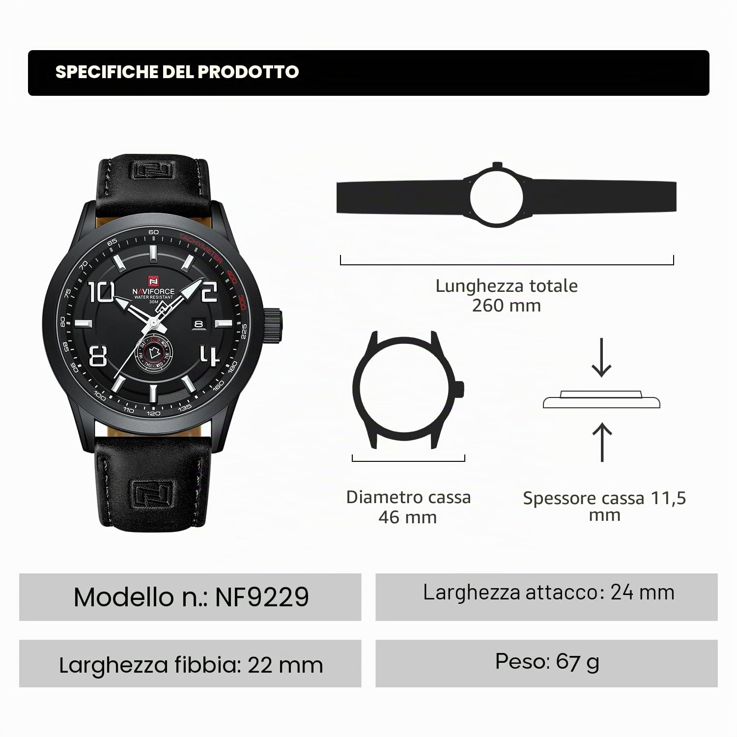 NAVIFORCE Orologio sportivo da uomo, cinturino in pelle, impermeabile, al quarzo, analogico, facile da leggere, con data automatica