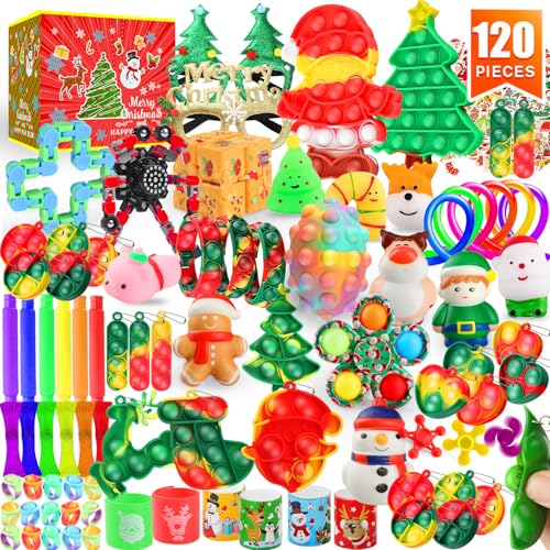 Fidget Toys Set, 120 Pack Christmas Party Favors Keychain Its for Kids Adults, Mini Push Bubble Pops Bulk Sensory Toys, Birthday Gifts Classroom Prizes for Boys Girls Goodie Bag Treasure Chest Box