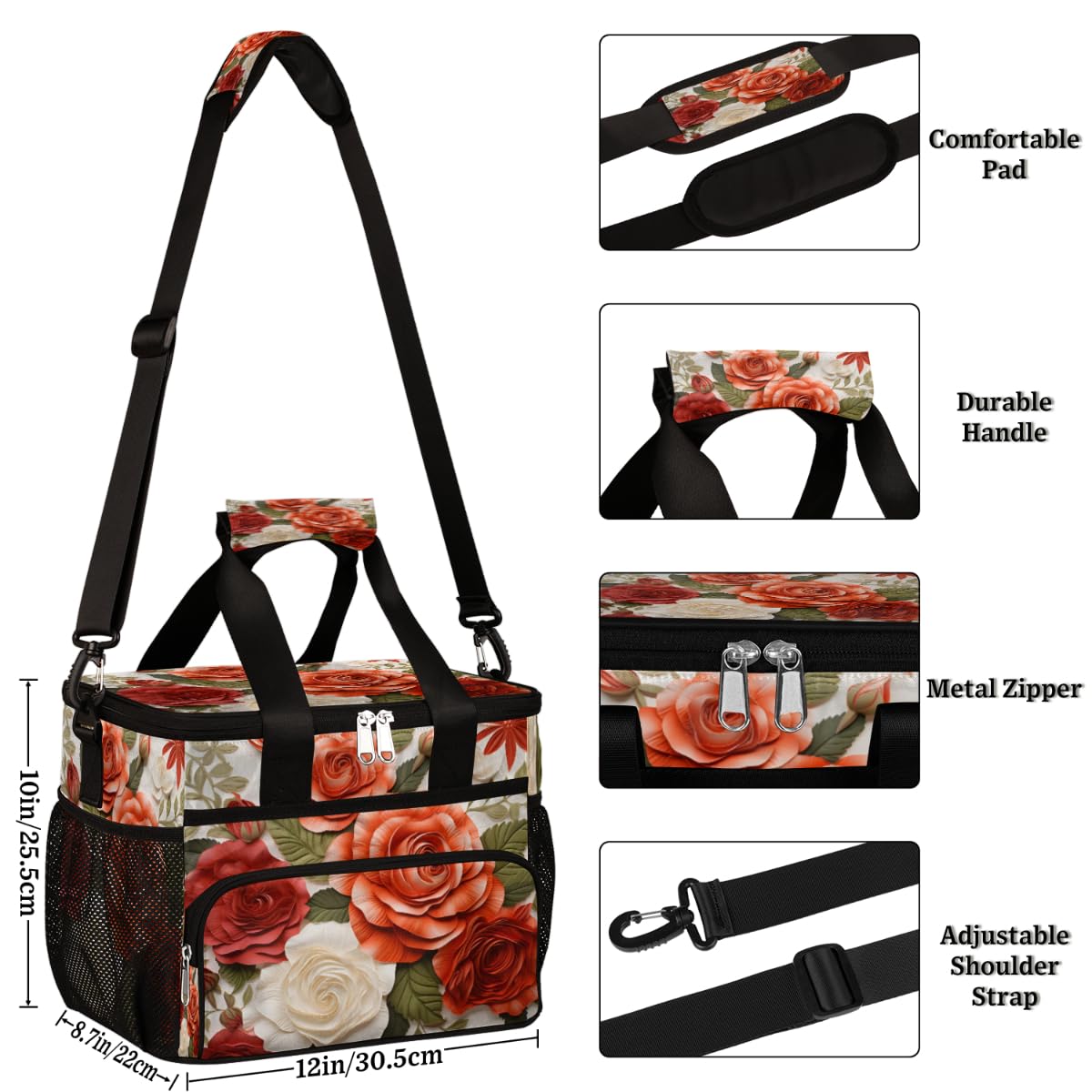 Botanical Floral Insulated Picnic Backpack Lunch Box for Women Men Picnic Basket Tote Lunch Bag Picnic Bag Portable Lunch Bags for Picnic, Beach, Work, Trip,Office, Camp Blooming Roses