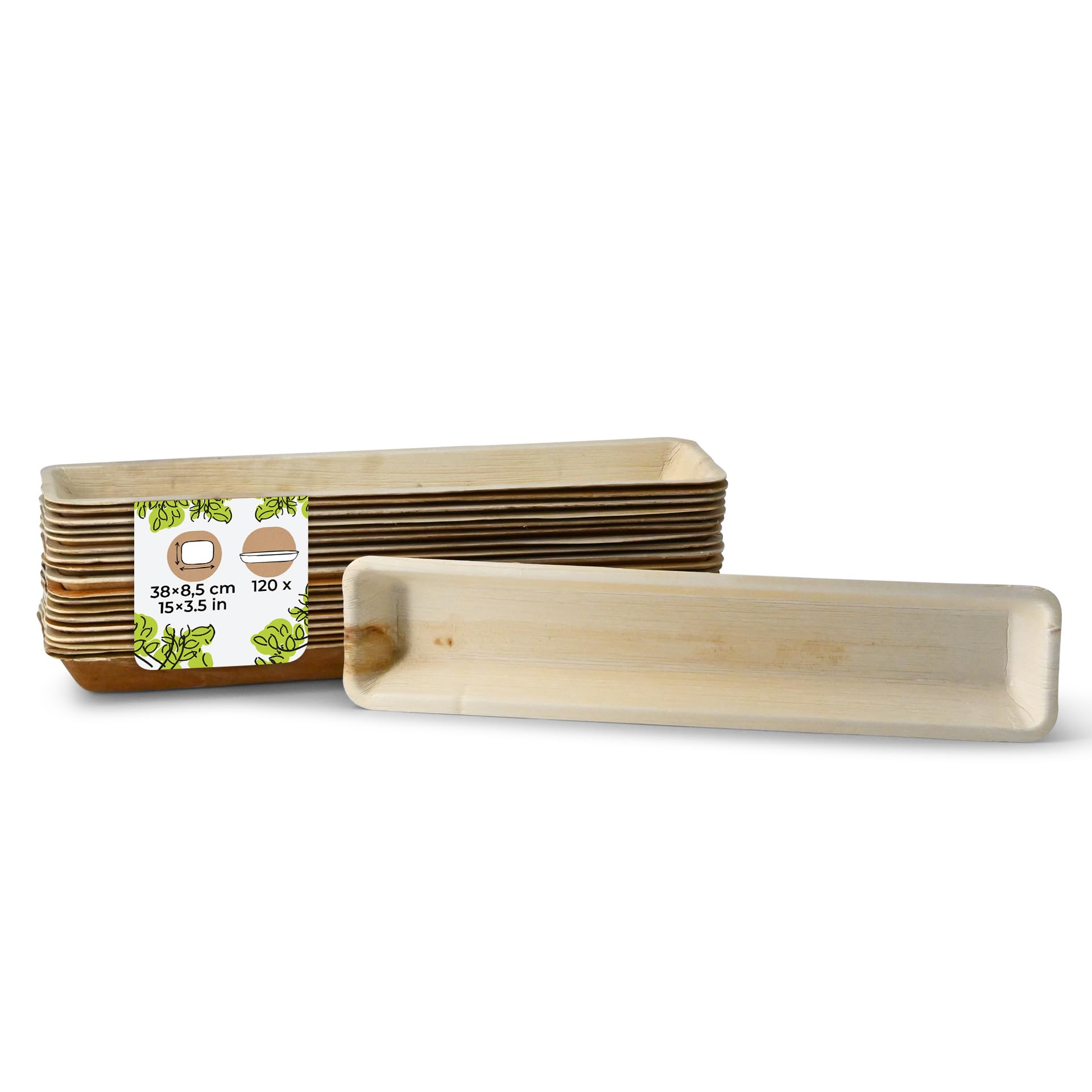 BIOZOYG Vassoio in Foglia di Palma 120 pezzi 38 x 8.5 cm, rettangolare - Vassoi da Portata, Monouso - Adatto per Cibi Caldi, Umidi e Grassi - Venatura Unica, Stoviglie per Feste, Decorazione